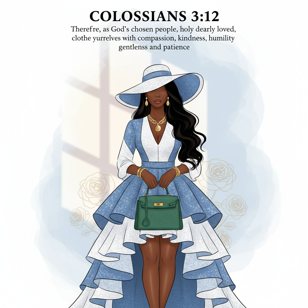 Bibical Verse. Elegant Blue and White Ruffle Dress Wall Art Print Poster & Lives Template!  