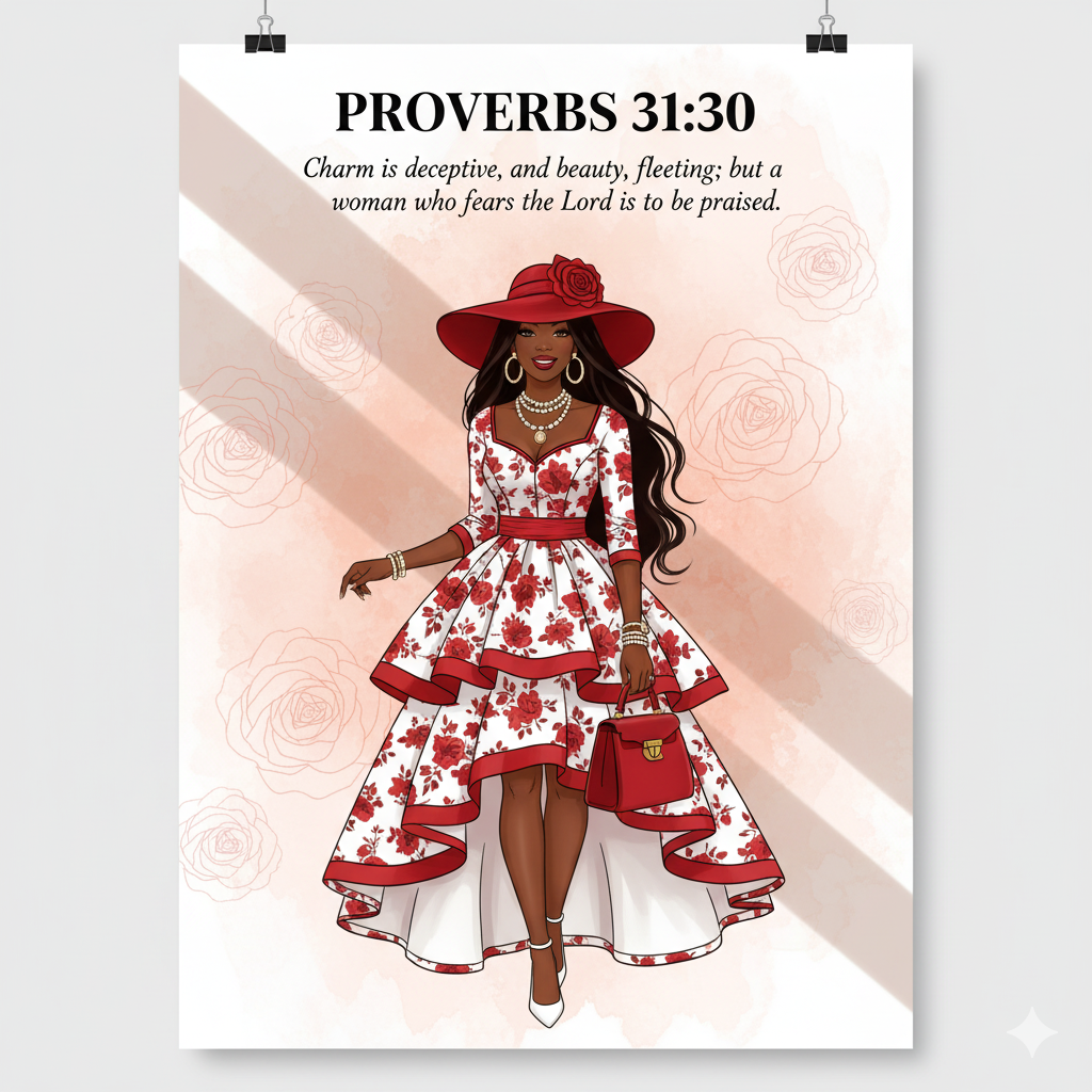 Bibical Verse. Floral High-Low Dress Illustration Wall Art Print Poster & Lives Template!  