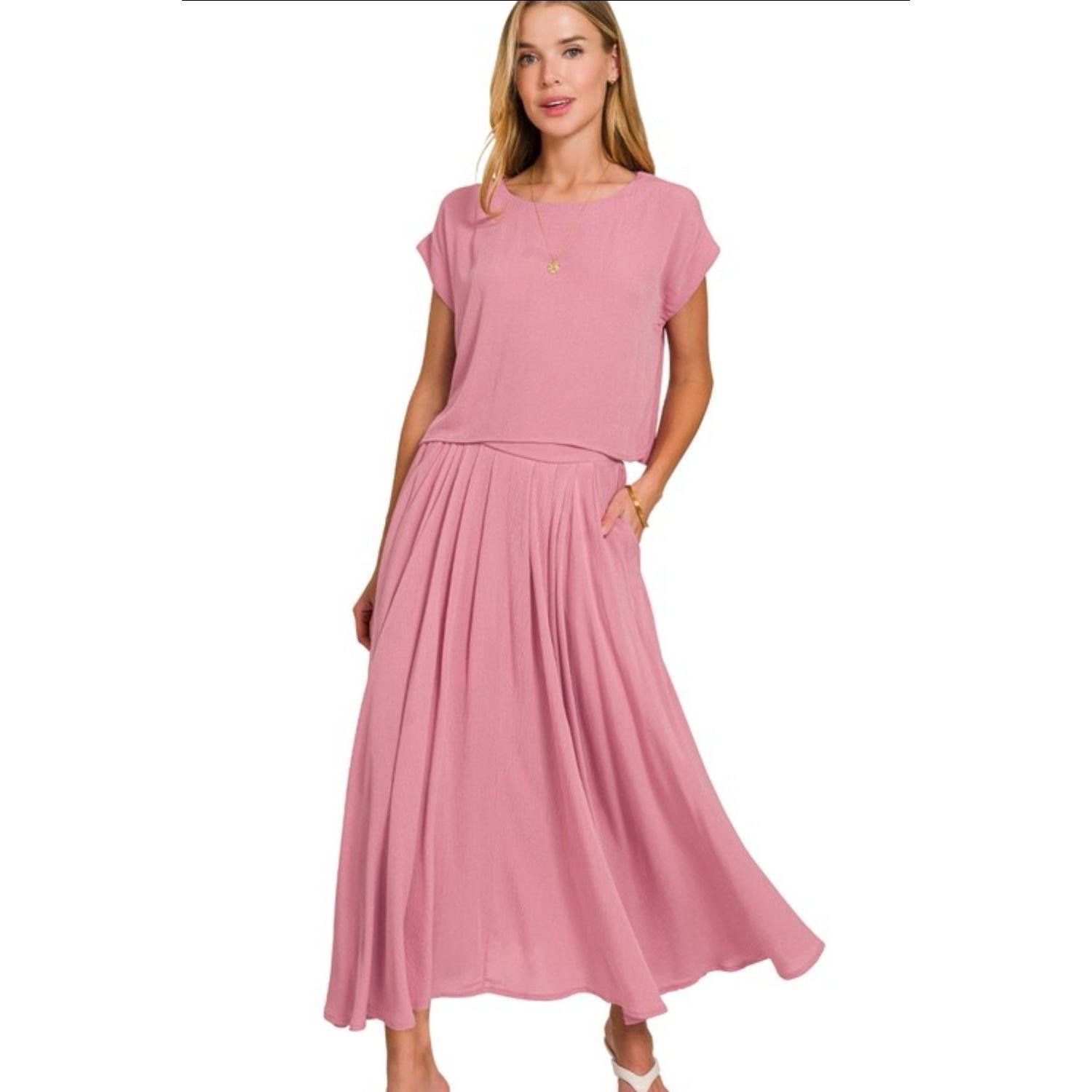 Effortless Elegance: Crinkle Gauze Coordinates Set with Cropped Tee & Matching Skirt!