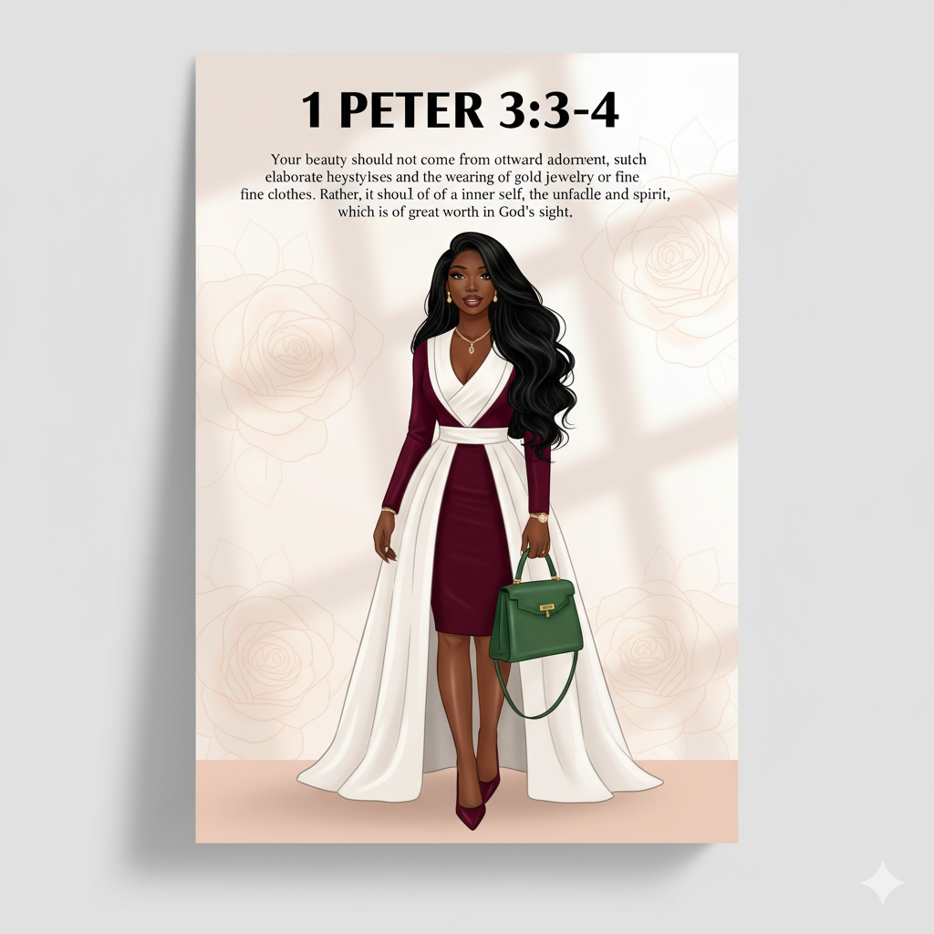 Bibical Verse. Elegant Burgundy Dress with White Overlay Wall Art Print Poster & Lives Template!  