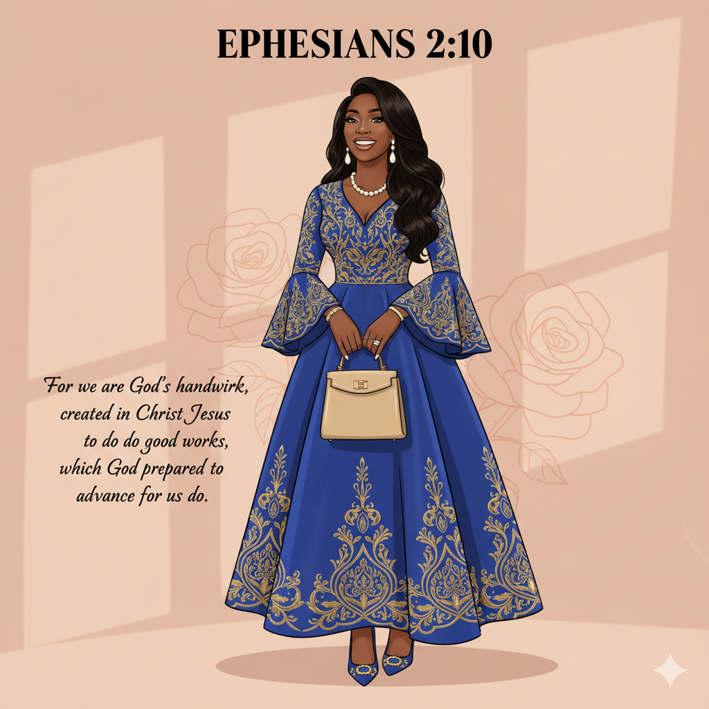 Bibical Verse. Elegant Blue and Gold Embroidered Dress Wall Art Print Poster & Lives Template!  
