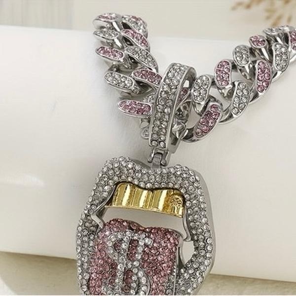 Bling & Bold: Pink & White Diamond Necklace with Lip & Dollar Sign Pendant