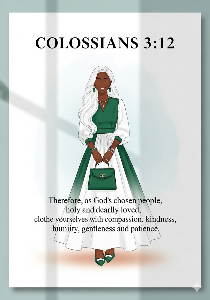 Bibical Verse. Elegant Green and White Maxi Dress Wall Art Print Poster & Lives Template!  
