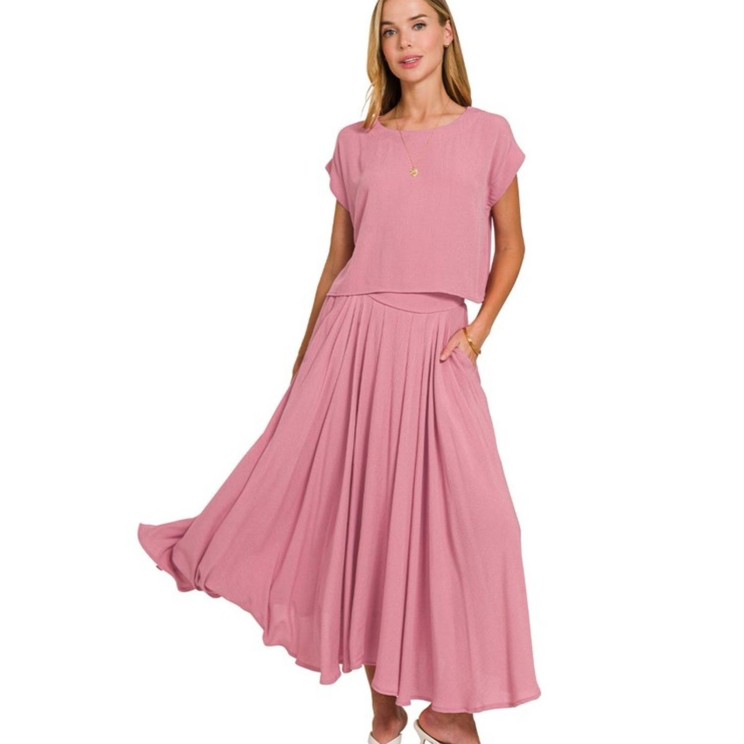 Effortless Elegance: Crinkle Gauze Coordinates Set with Cropped Tee & Matching Skirt!