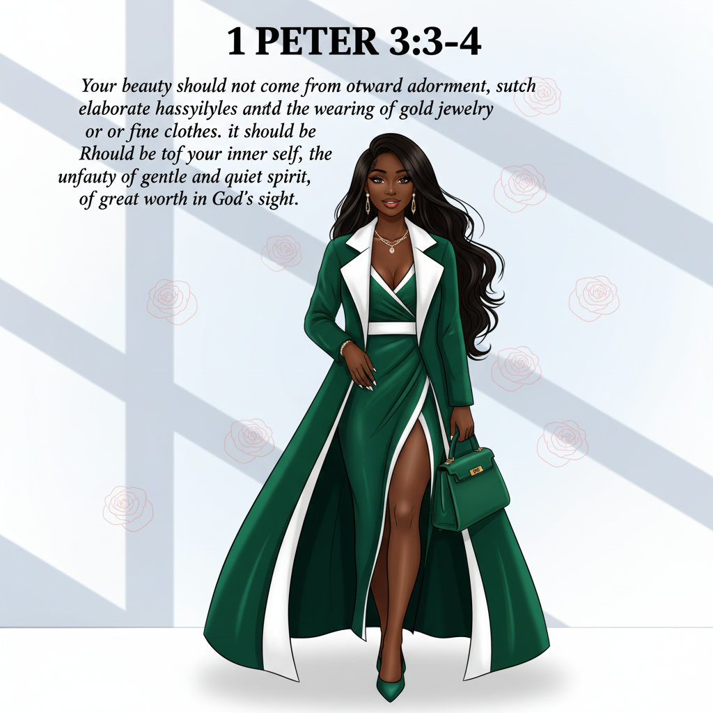 Bibical Verse. Elegant Green Maxi Coat Dress Illustration Wall Art Print Poster & Lives Template!  