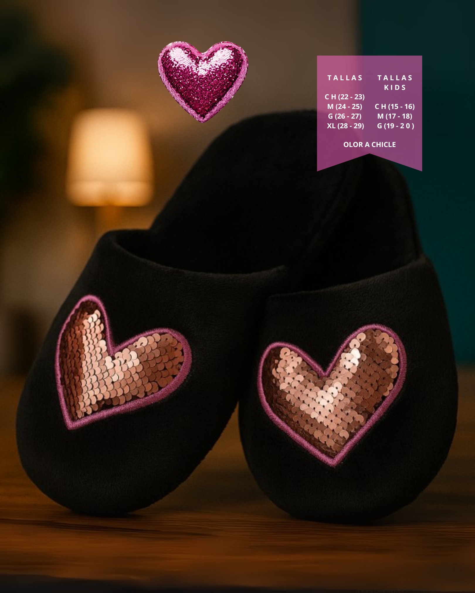 Pantuflas con corazón de lentejuelas