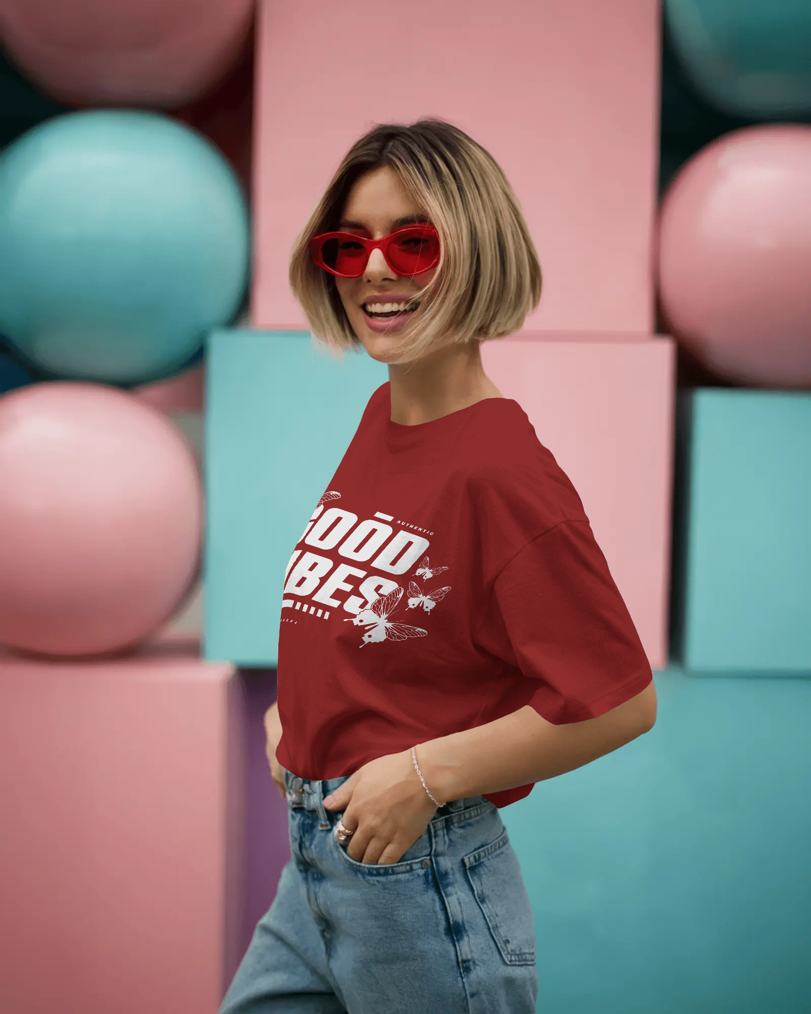 Red 'Good Vibes'  Oversized T-Shirt