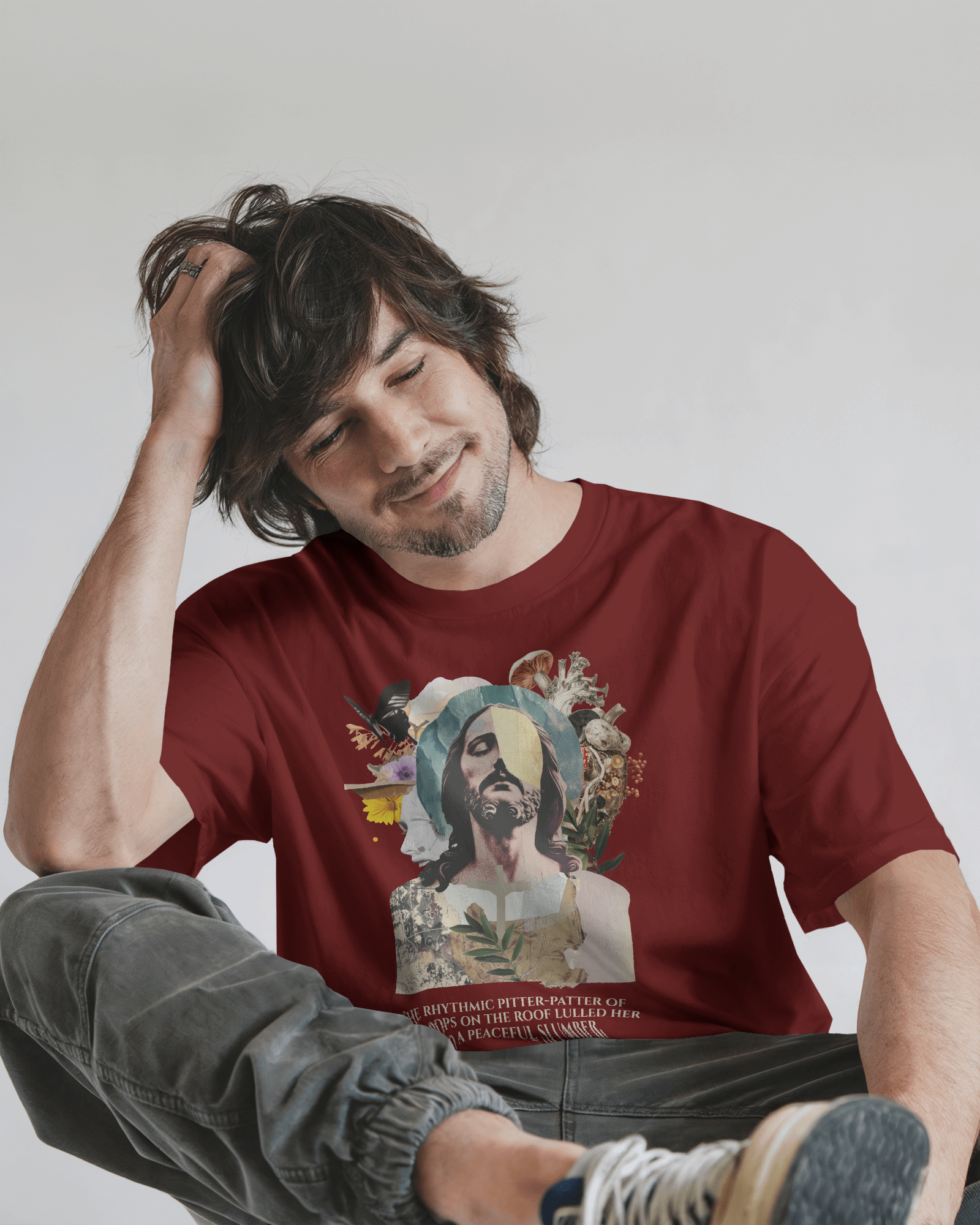 Artistic Print Oversized Maroon T-Shirt