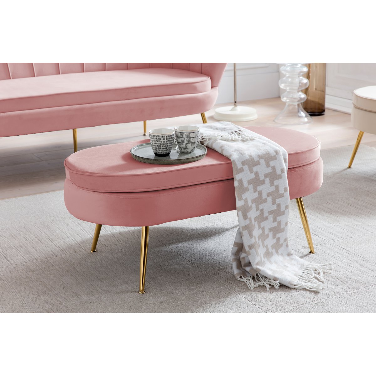 Pink Velvet Ottoman Bench