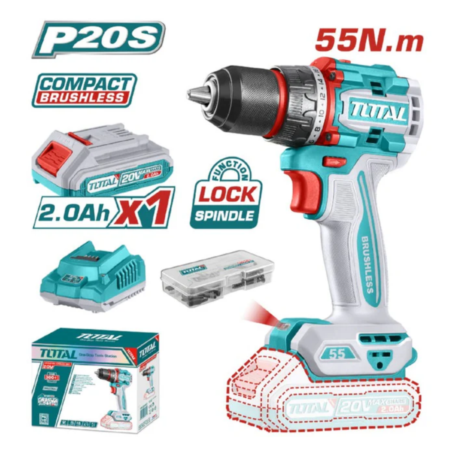 TALADRO ATORNILLADOR 1/2" 20V 55NM 1 BATERIA 2.0AH CARGADOR 47 ACCESORIOS (TOTAL)