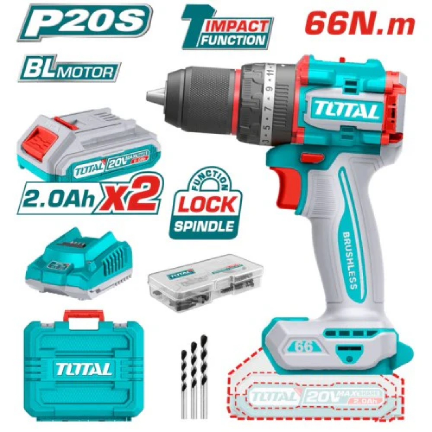 TALADRO 20V PERCUTOR 1/2" 66N.M CAJA PLASTICA (TOTAL)