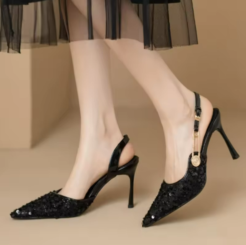Black Sequin Slingback Heels