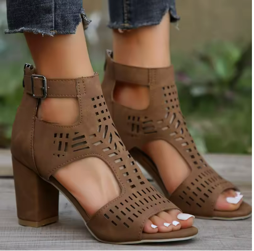 Brown Chunky Heeled Sandals