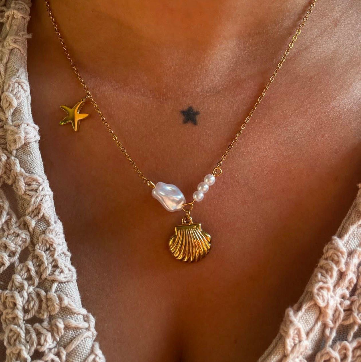 Gold Seashell and Starfish Necklace
