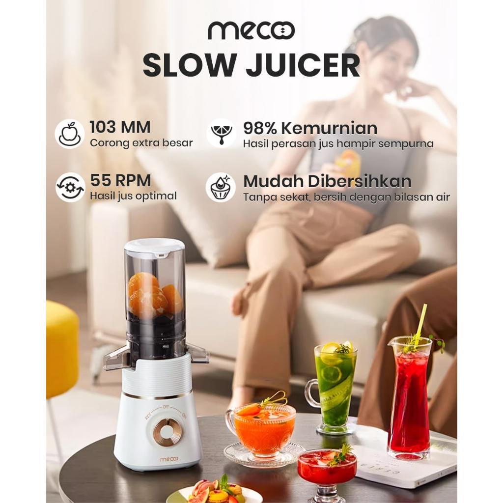 Mecoo Aesthetic Slow Juicer Extra Big Mouth Easy Juice Filter-Free Easy Clean 100 Low Watt MC6002
