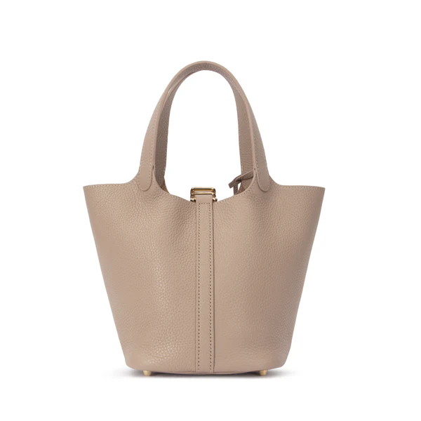 LEATHER BUCKET BAG MINI, DARK SAND