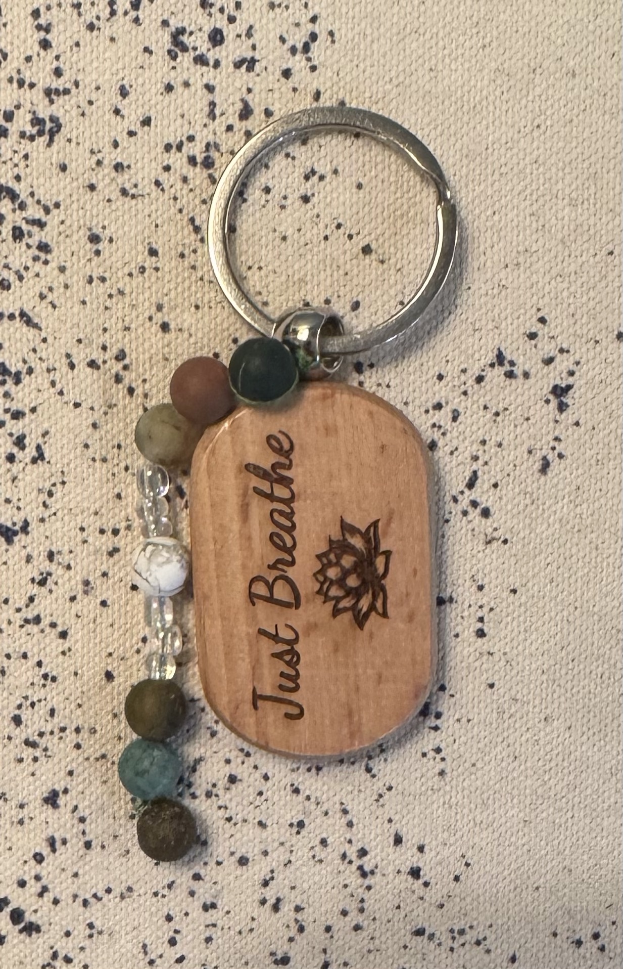 Laser Engraved Wooden Keychain with Semi-Precious Bead Chain- Just Breathe / Lotus Flower