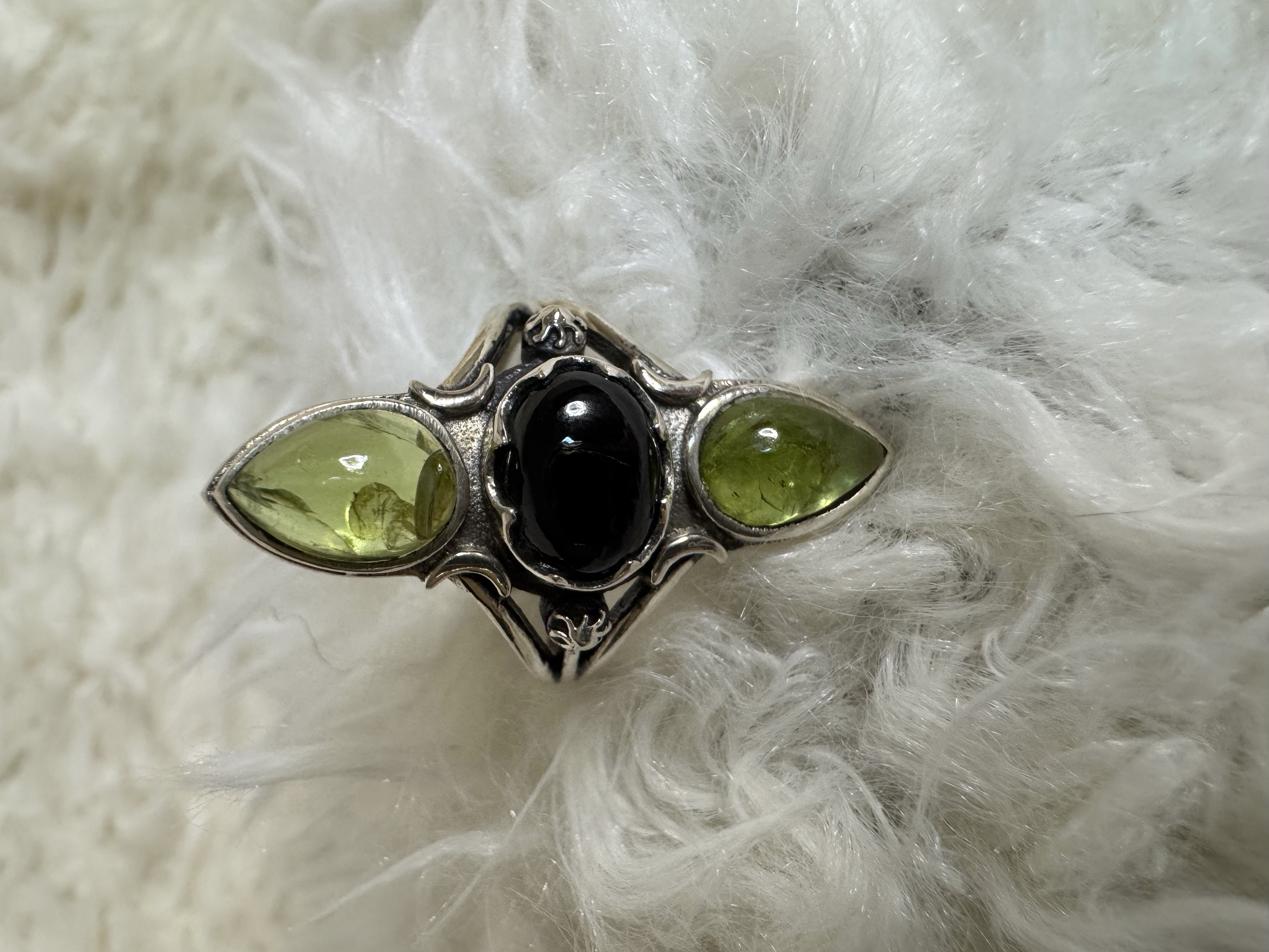 Black Spinel and Peridot .925 Sterling Silver Adjustable Ring 