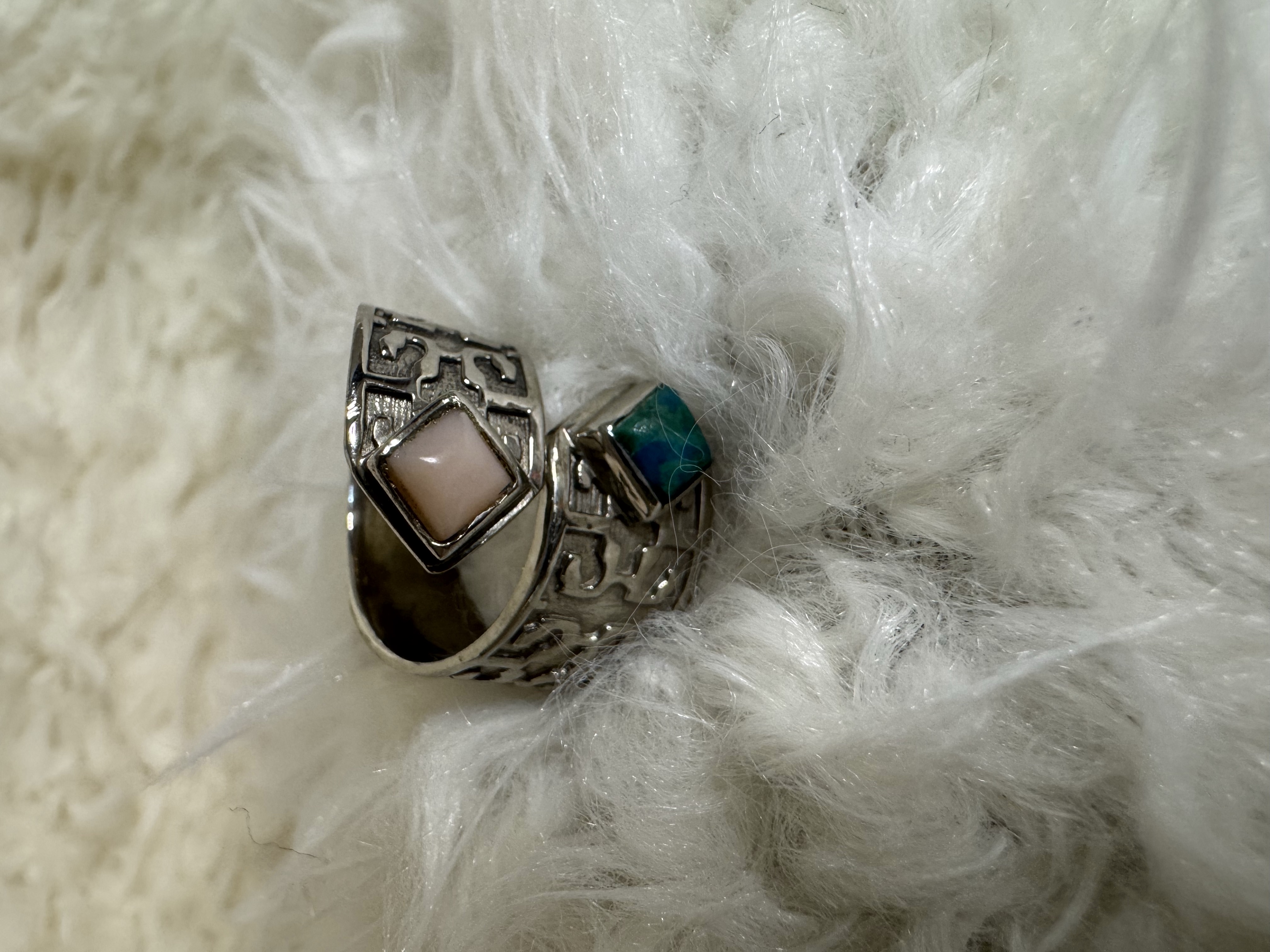 Peruvian Chrysocolla and Pink Opal .925 Sterling Silver Adjustable Ring 