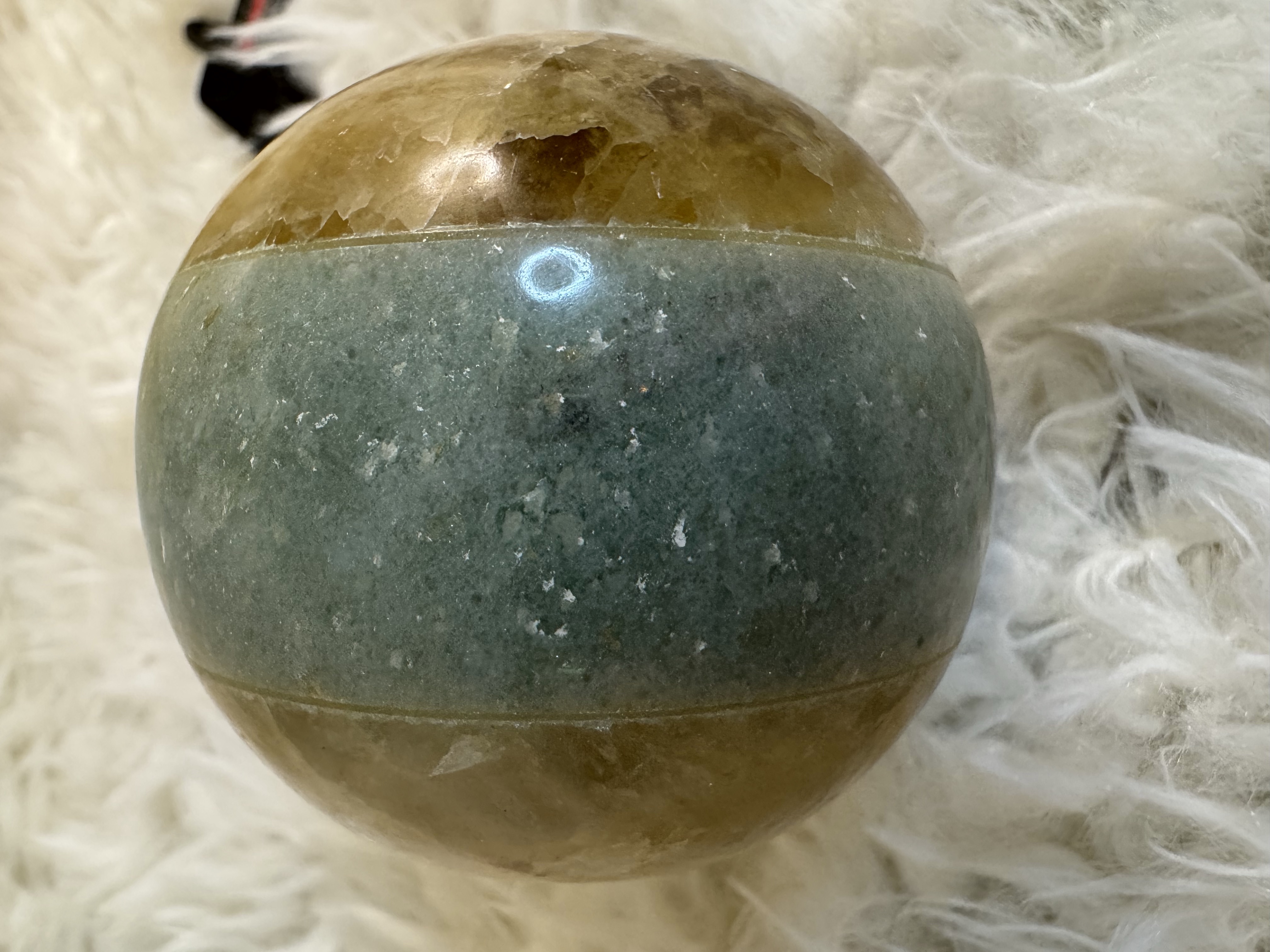 Triple Bonded Sphere: Mangano Calcite, Aventurine and Golden Healer Quartz 2.46 inches