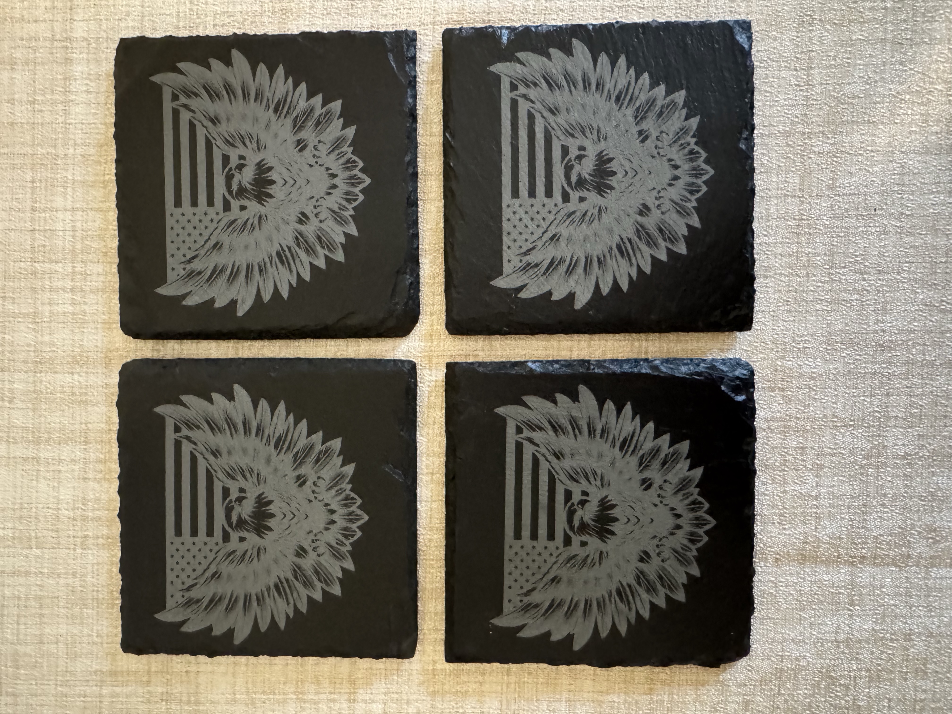 Customized Laser Engraved Slate Coasters - American Flag/Eagle - Set of 4