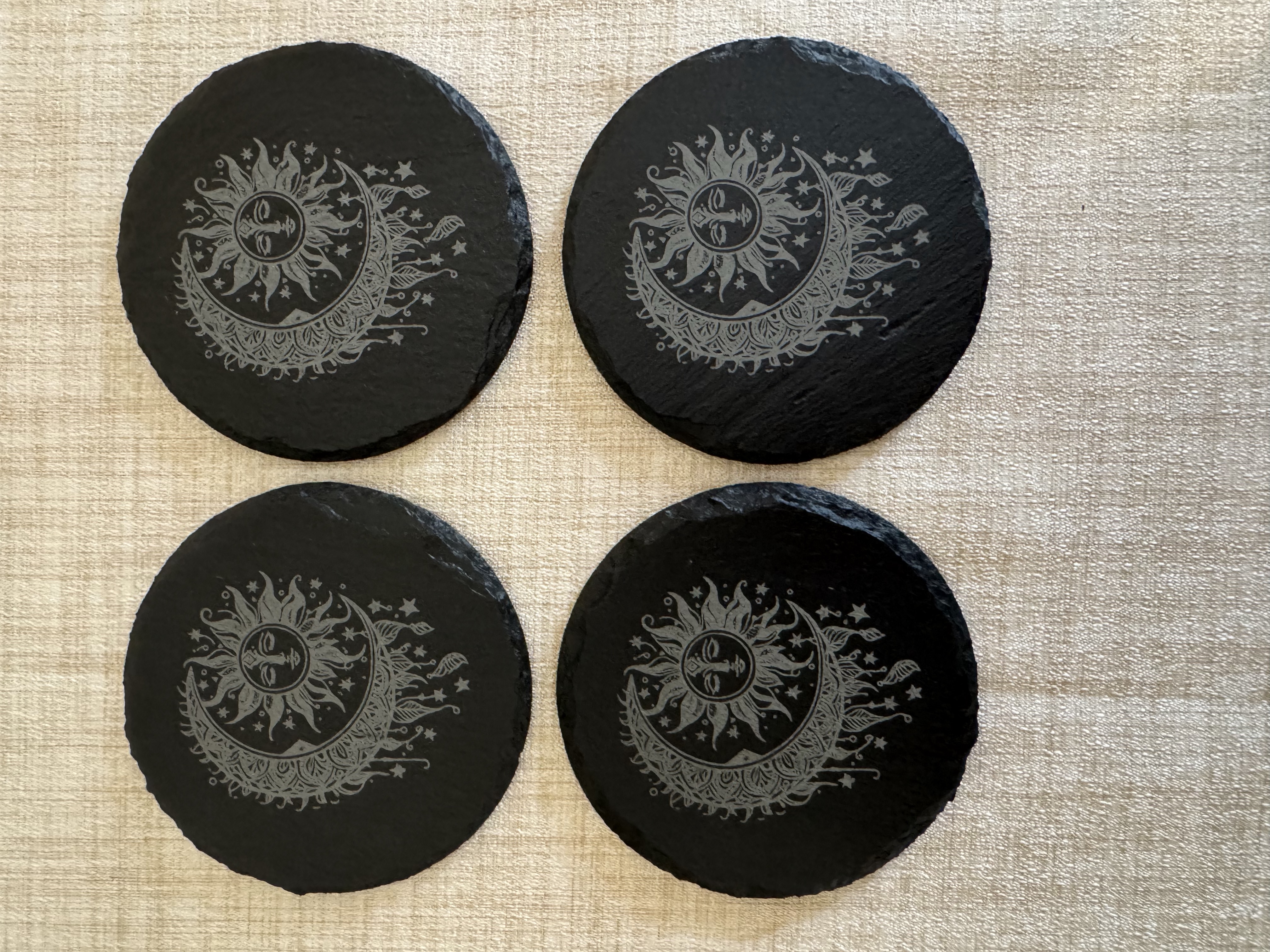 Customized Laser Engraved Slate Coasters - Sun/Moon - Set of 4