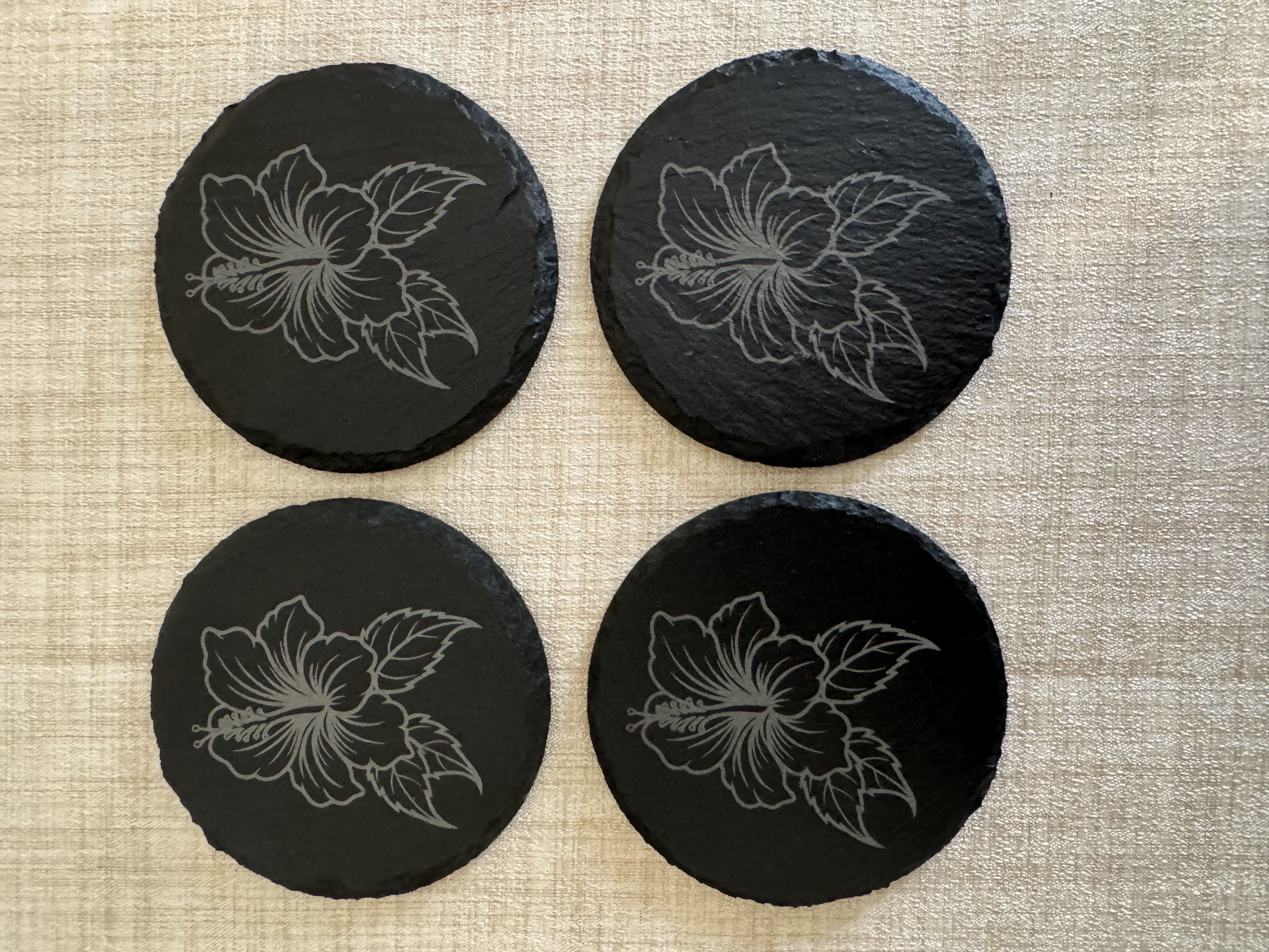 Customized Laser Engraved Slate Coasters - Hibiscus Flower - Set of 4 