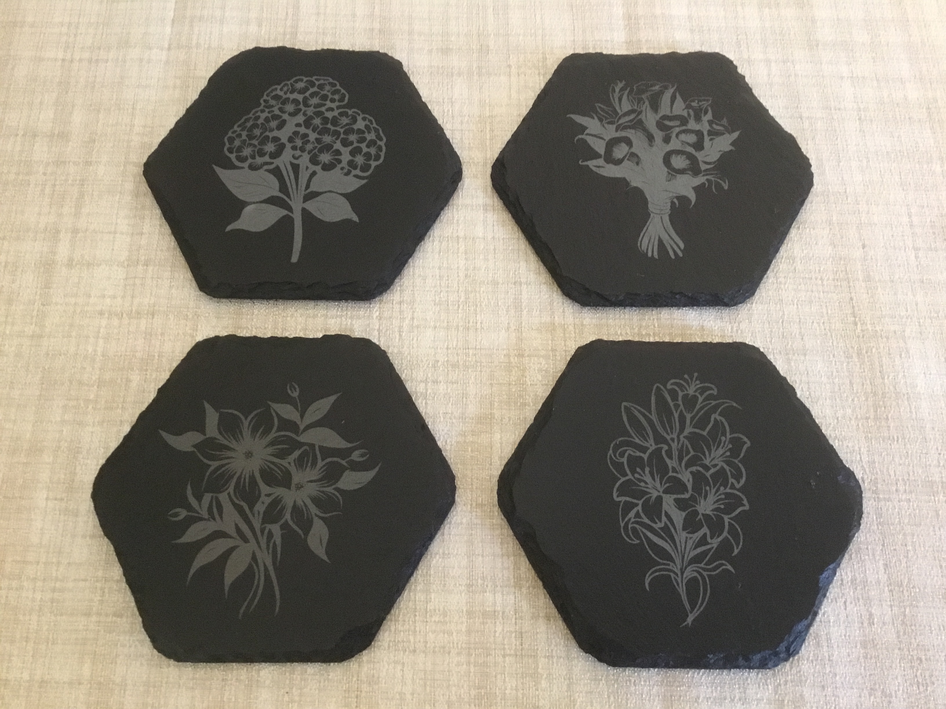 Customized Laser Engraved Slate Coasters - Flower Garden Theme - Set of 4 
