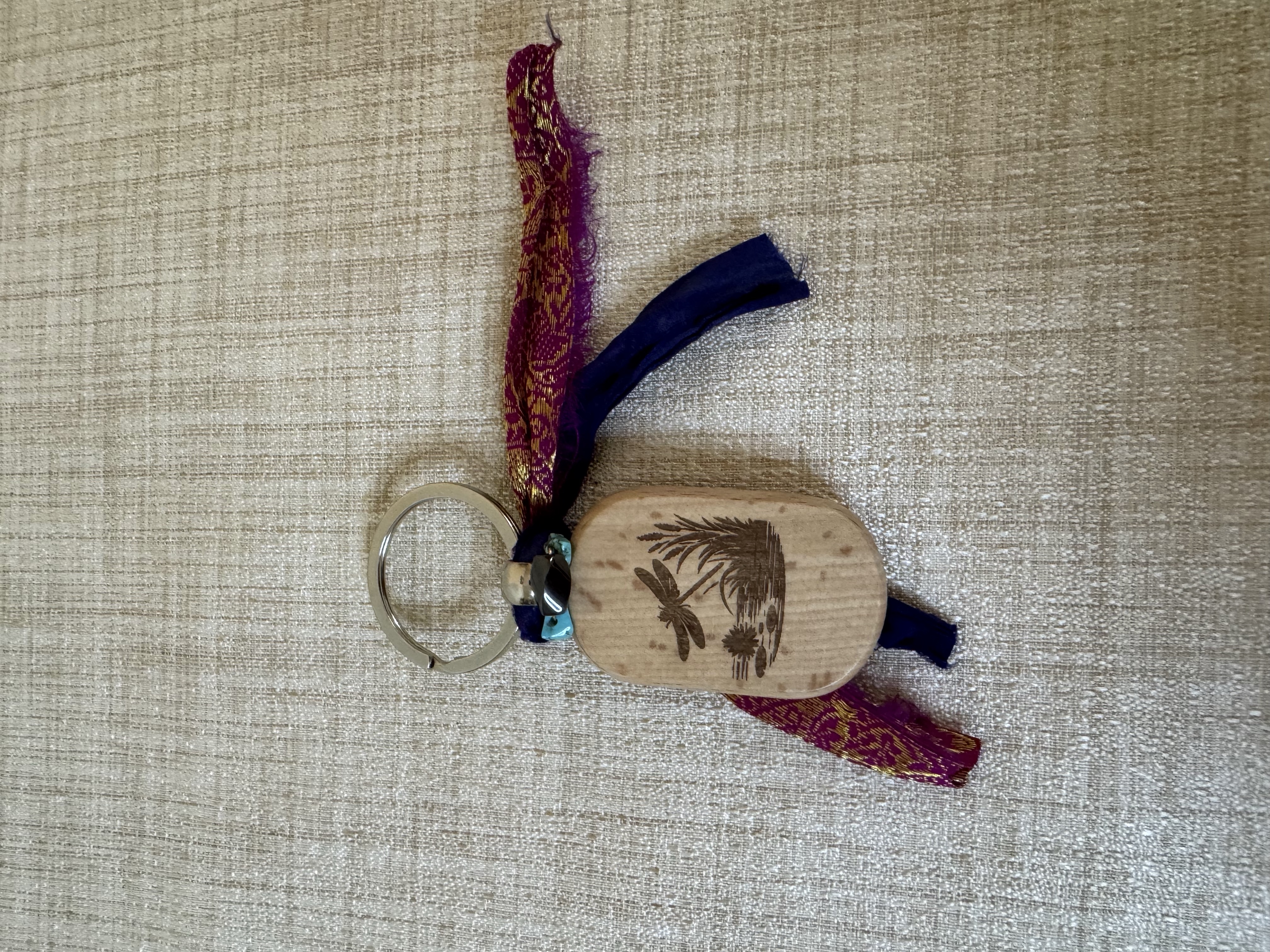 Customized Laser Engraved Wooden Keychain with Beads and Sari Silk Ribbon - Dragonfly