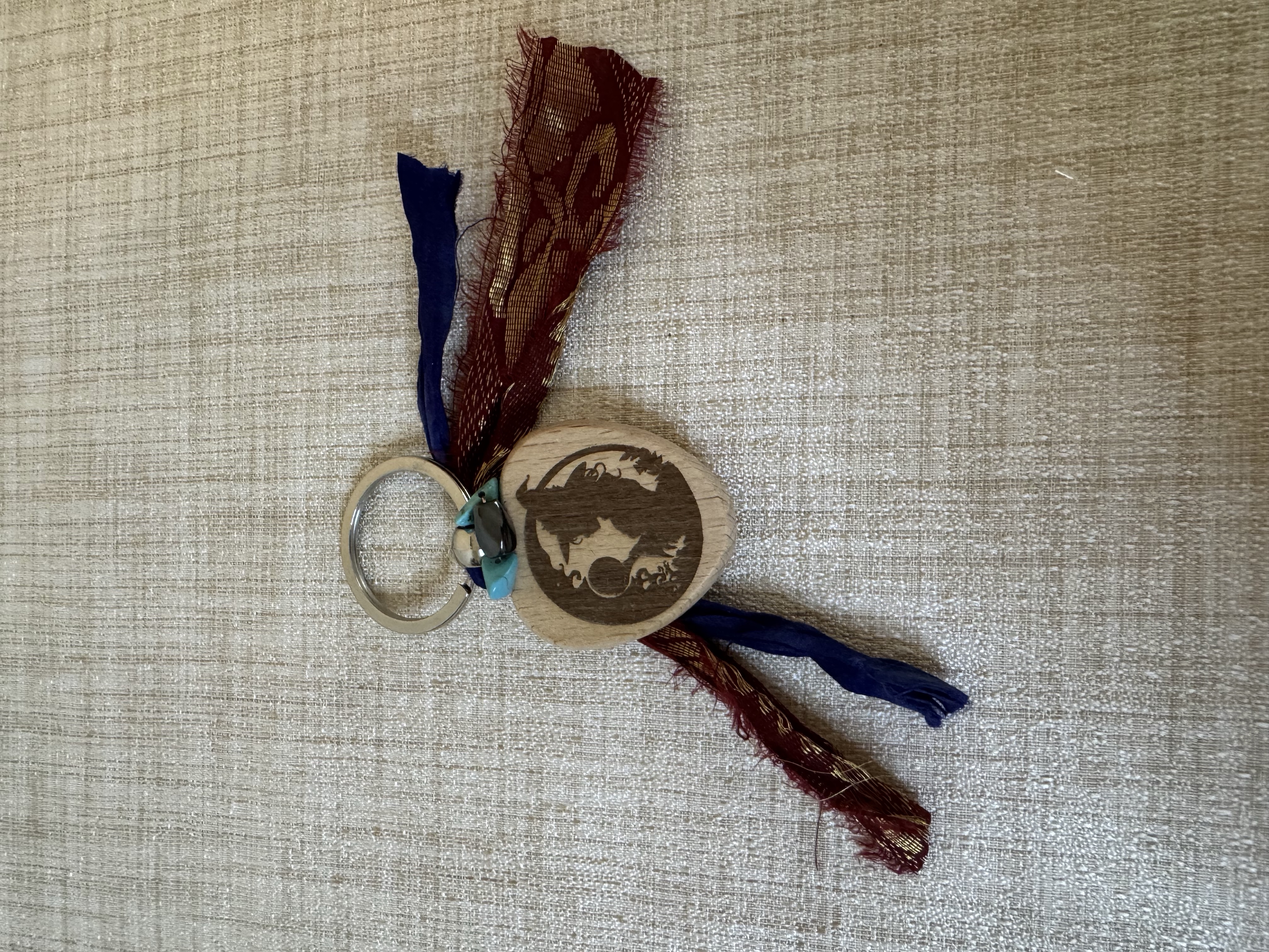 Customized Laser Engraved Wooden Keychain with Beads and Sari Silk Ribbon - Witch with Crystal Ball