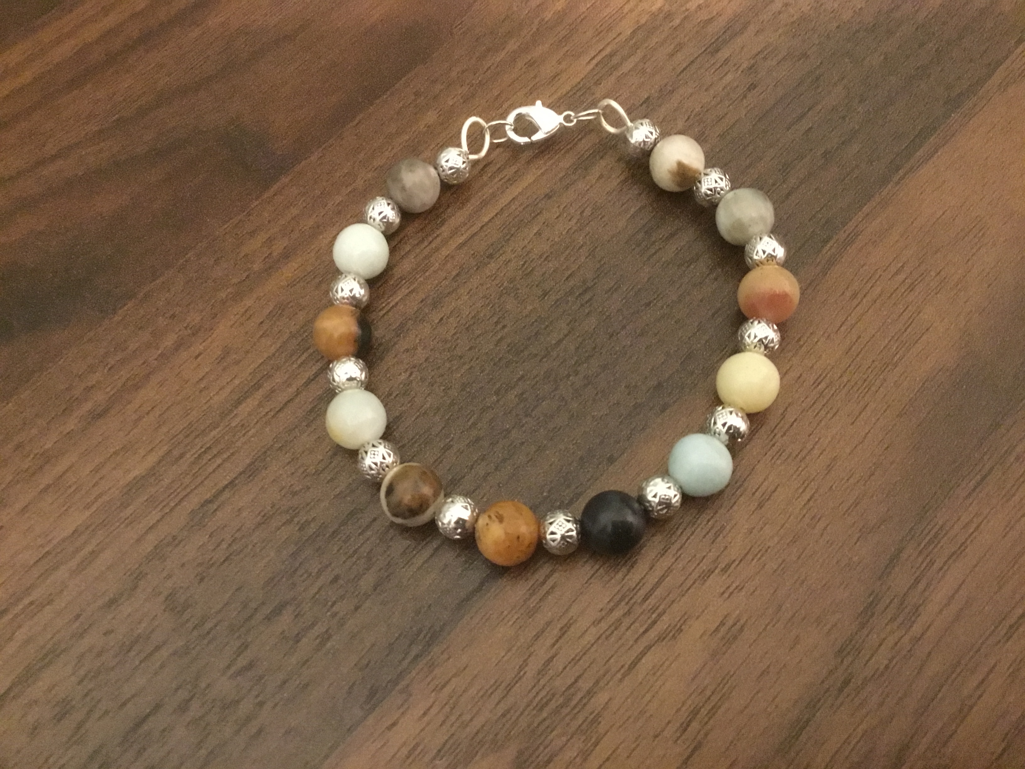 Amazonite and Silver Tibetan style beads Lobster claw bracelet 7.5 inches