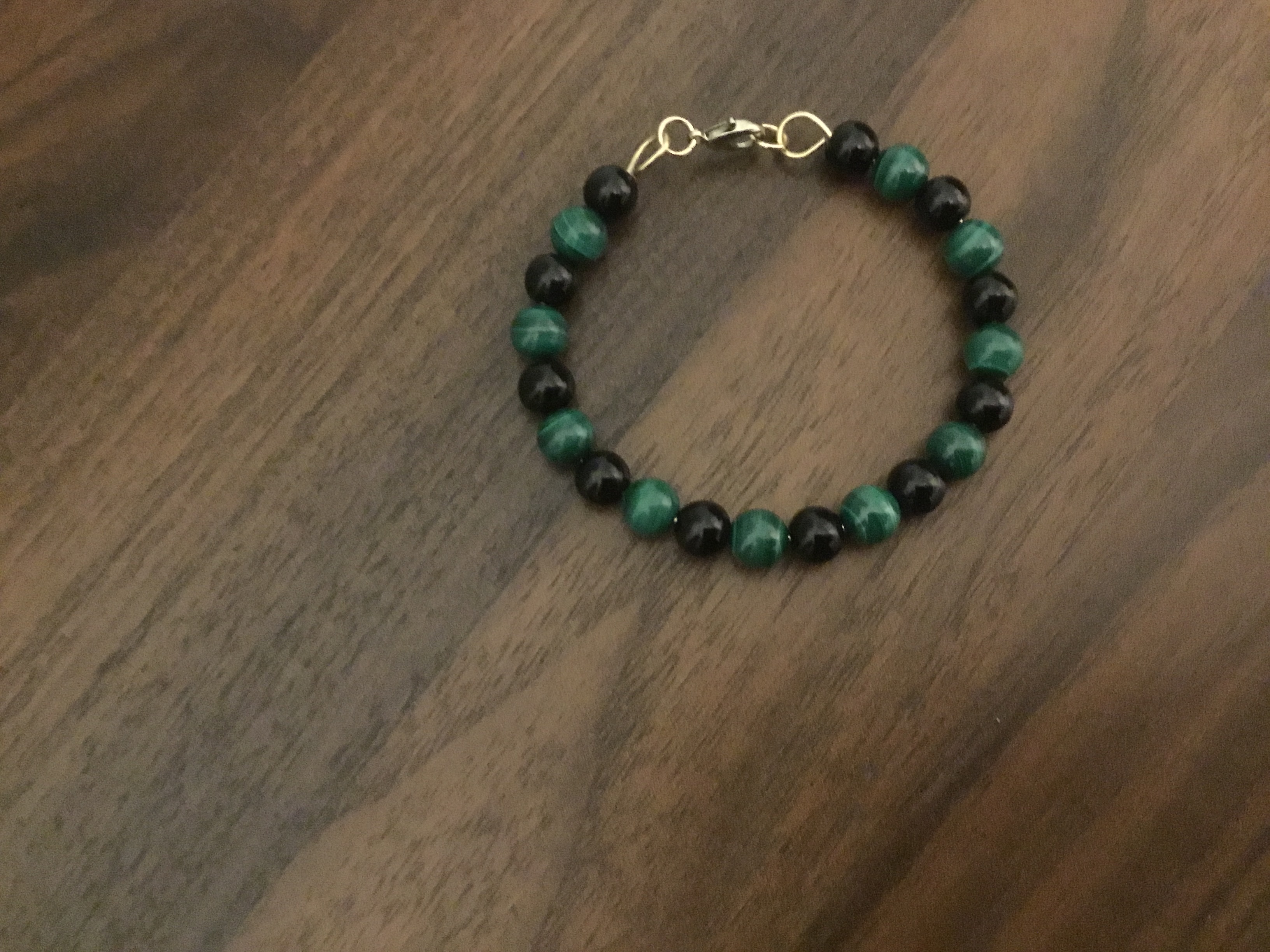 Green Malachite and Black Onyx Lobster Claw Bracelet 7.5 inches