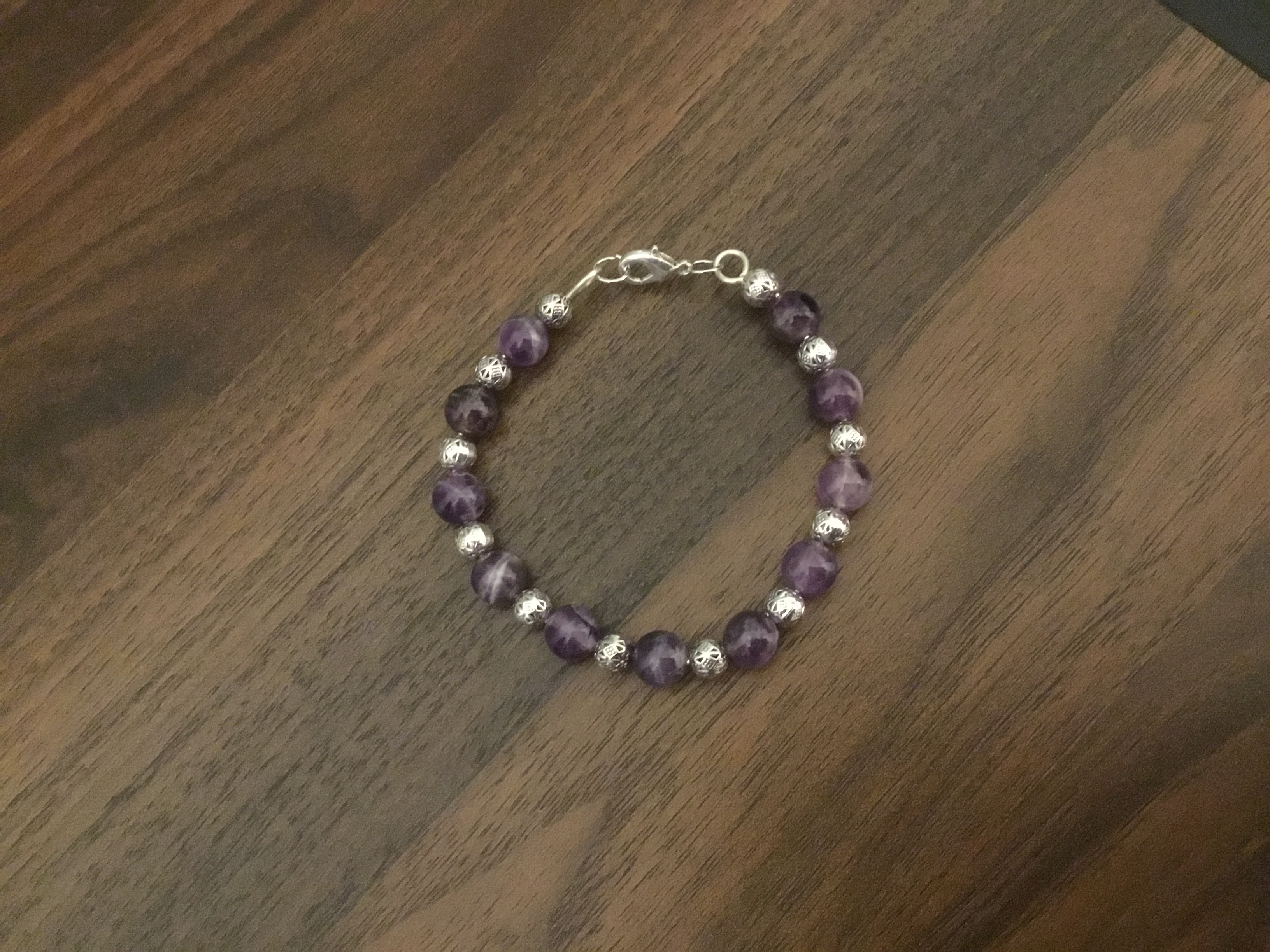 Amethyst and Silver Tibetan style beads Lobster Claw Bracelet 7.5 inches