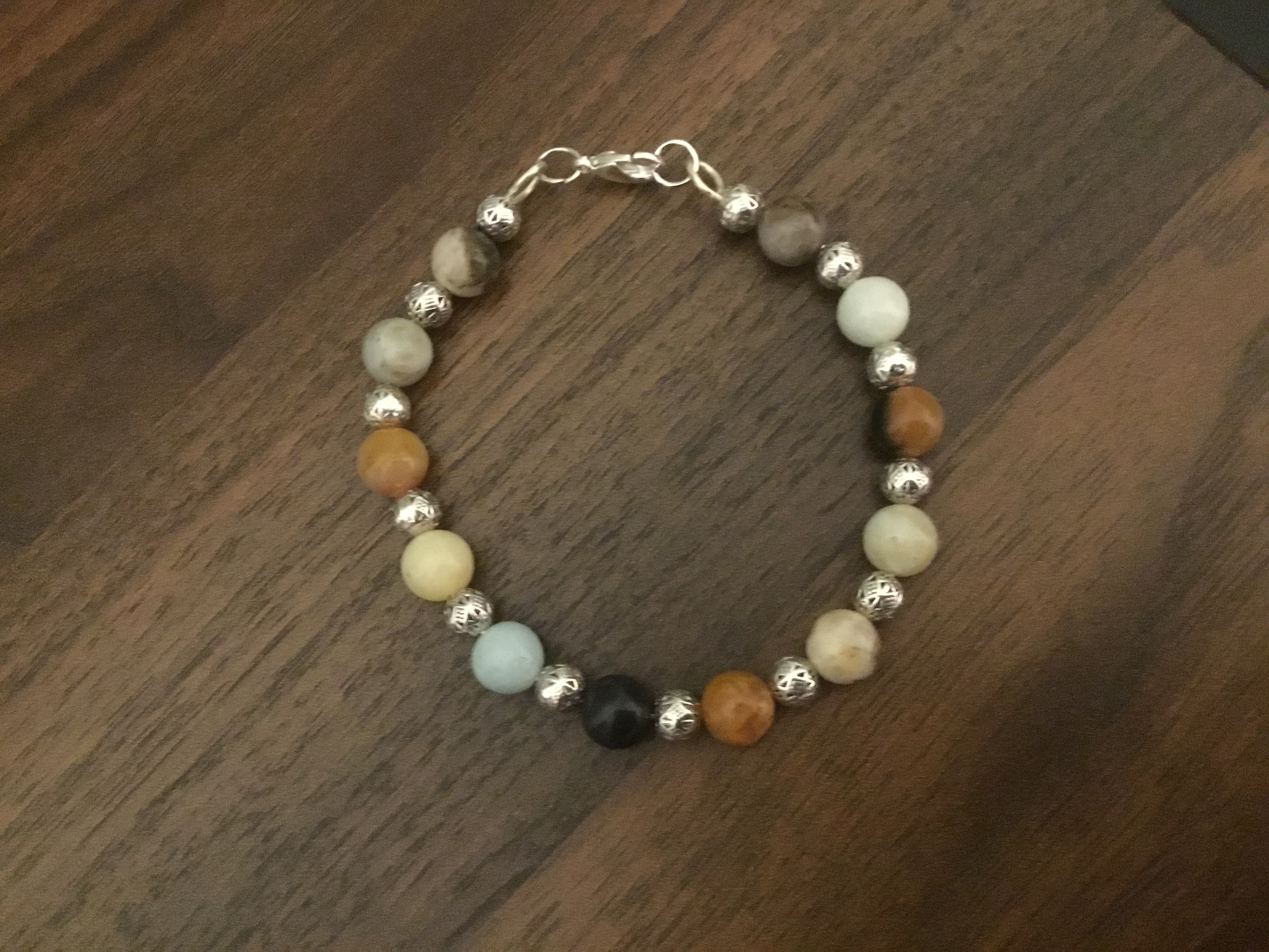 Amazonite and Silver Tibetan style beads Lobster claw bracelet 7.5 inches