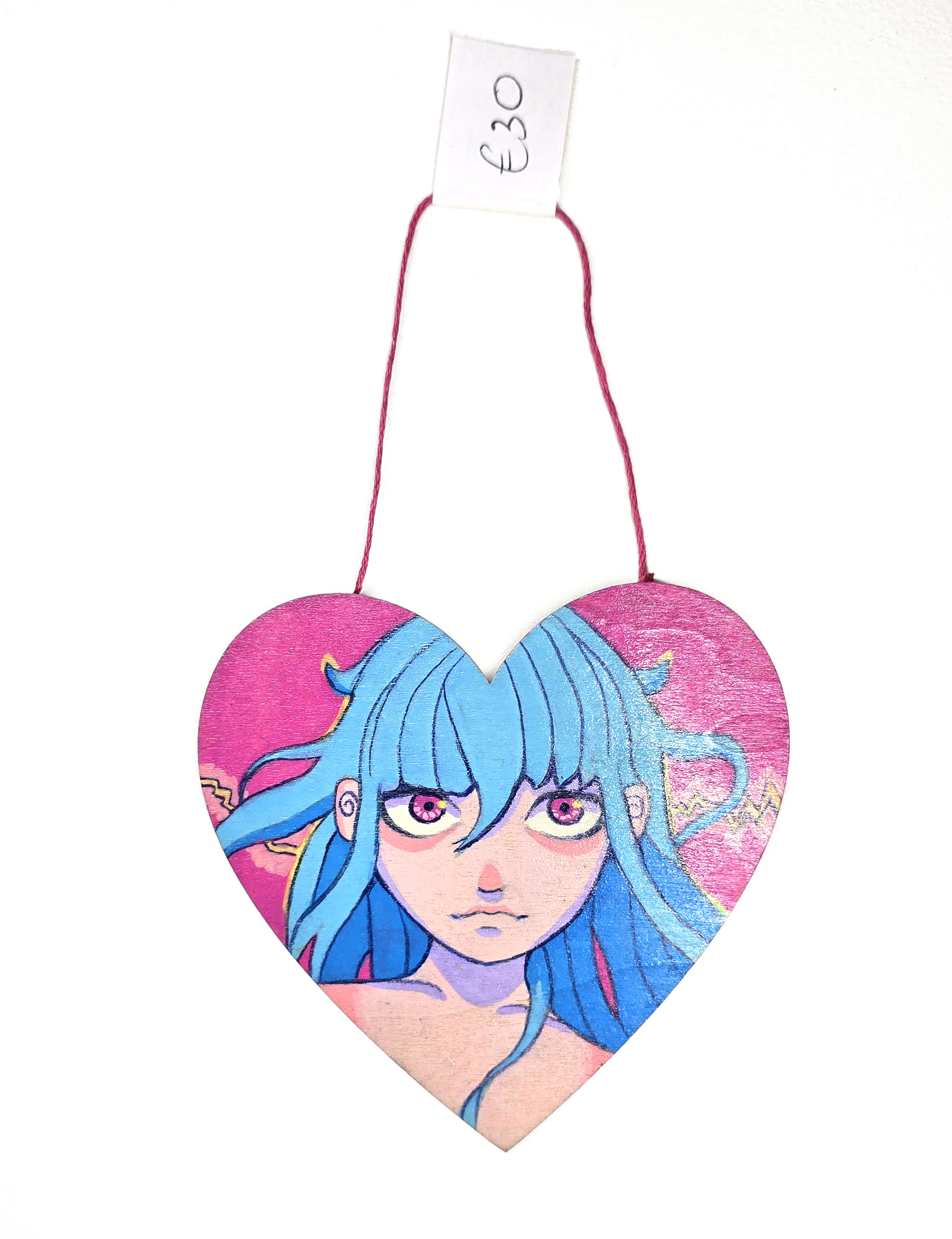Magical girl, Original art on wood - Wooden, hanging wall art heart