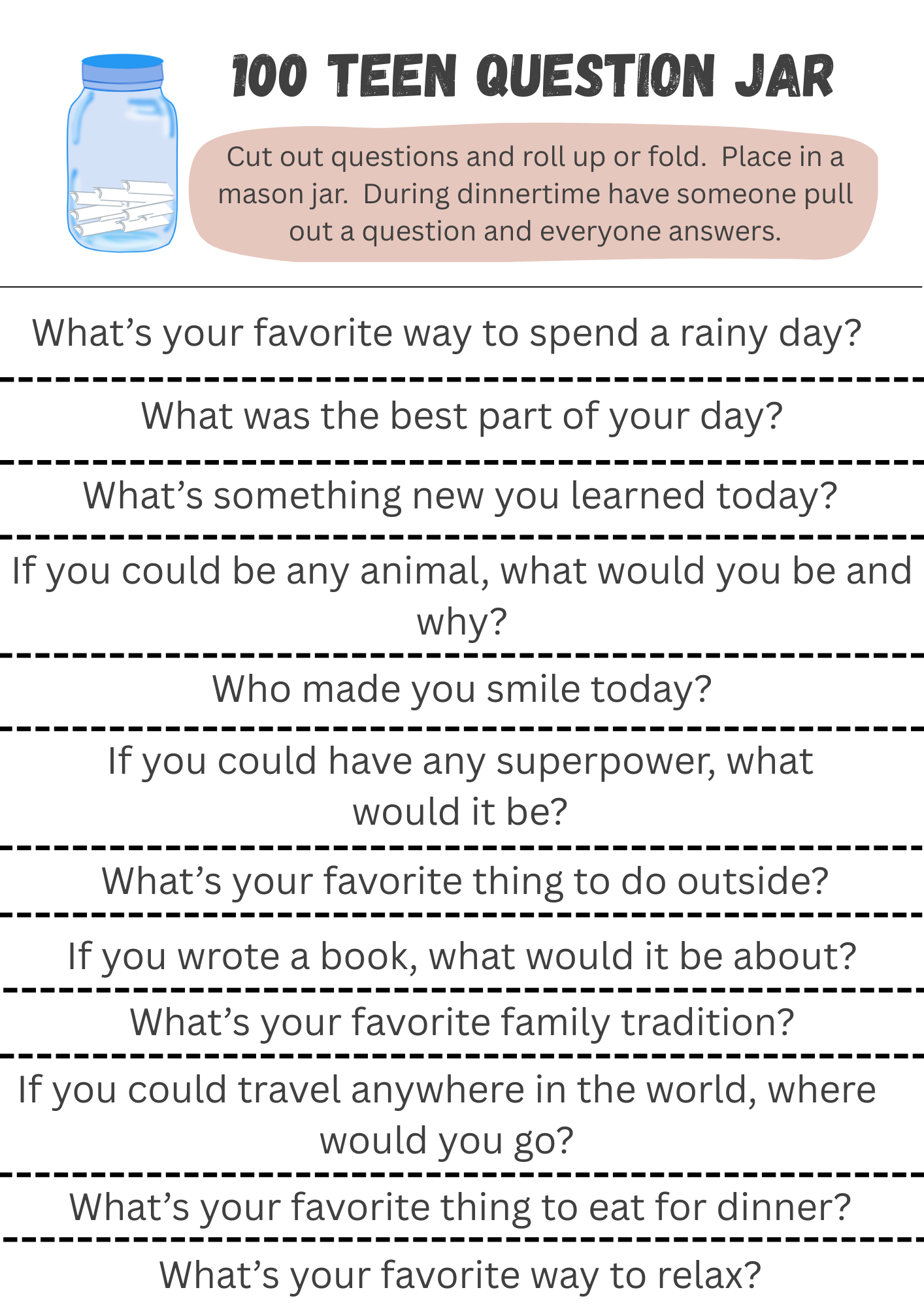 100 Teen Question Jar | Digital Download