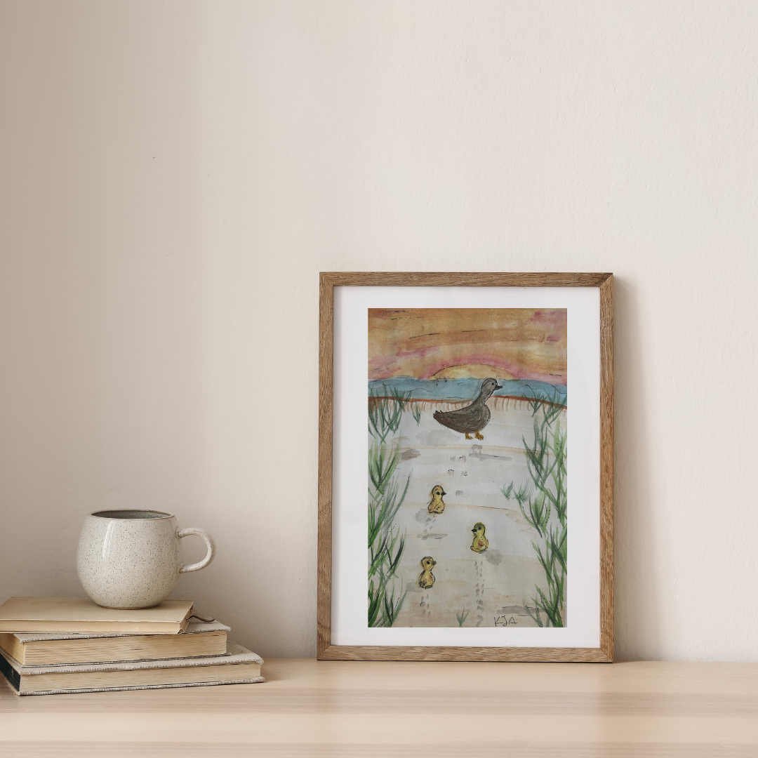 “Sunset Stroll” Watercolor Print – Mother Duck and Ducklings Artwork