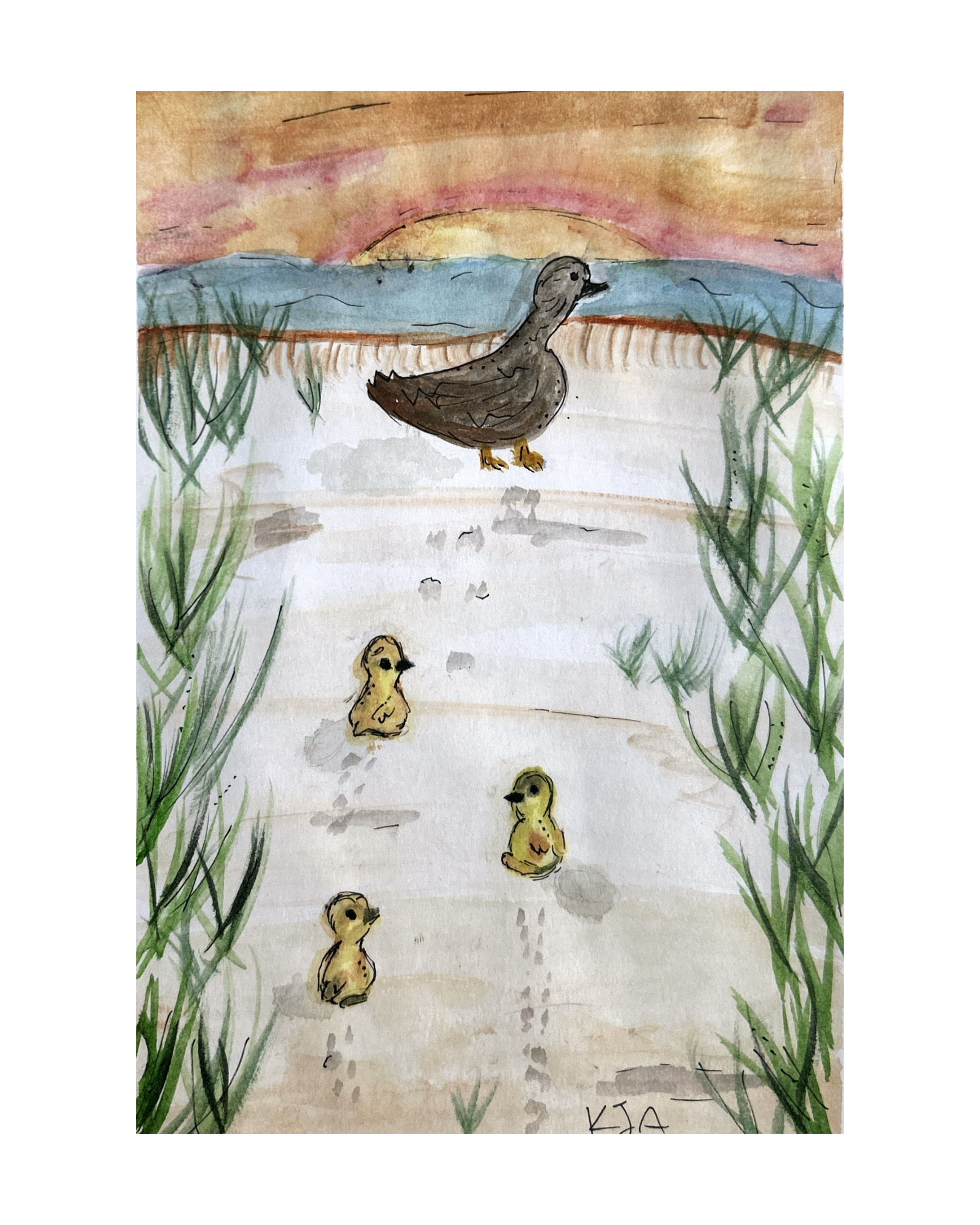 “Sunset Stroll” Watercolor Print – Mother Duck and Ducklings Artwork