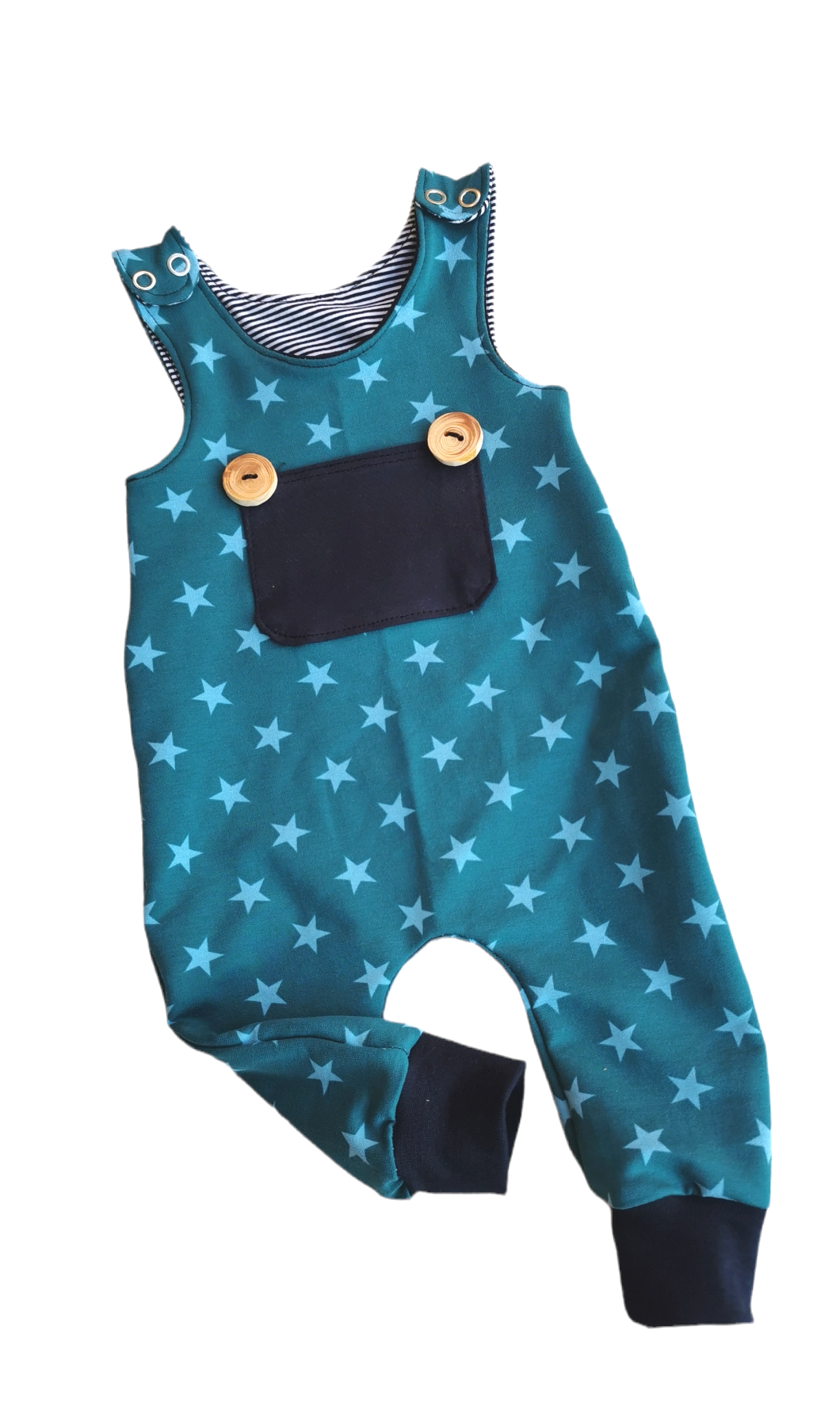 Kleinkinder-Strampler ,,Sterne Petrol" in den Gr. 50/56 bis 98/104 aus Terry Sweat 