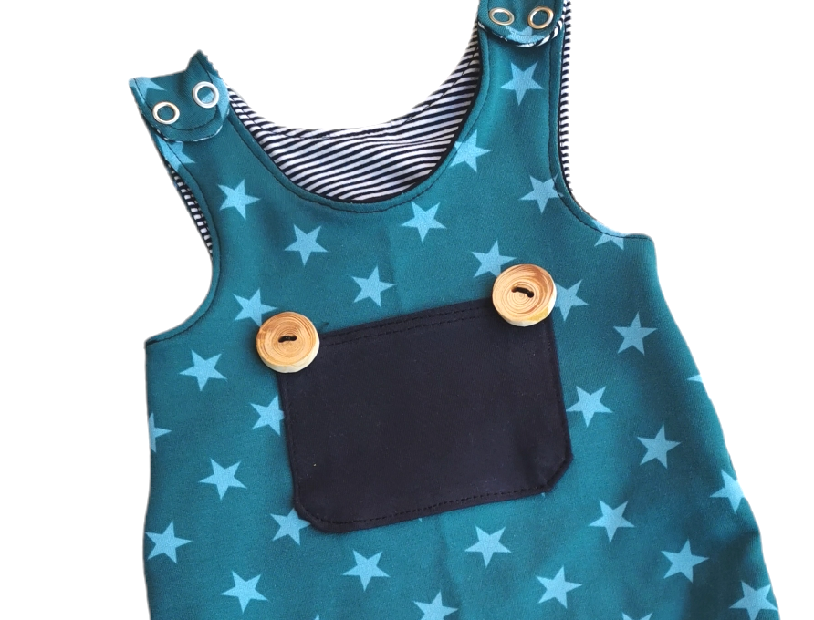 Kleinkinder-Strampler ,,Sterne Petrol" in den Gr. 50/56 bis 98/104 aus Terry Sweat 