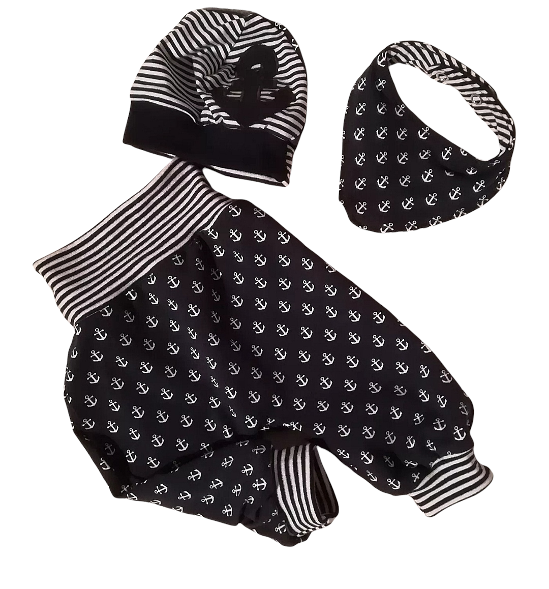 3 teiliges Baby-Set mit Anker-Motiv in den gr.50/56 bis 98/104 aus Jersey 