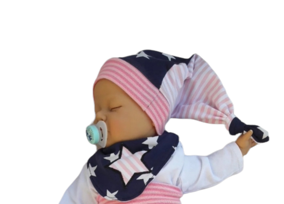 3 teiliges Set aus Hose,  Tuch und Mütze ,,Sterne Rosa," in den Gr.50/56 bis 98/104 aus Jersey 