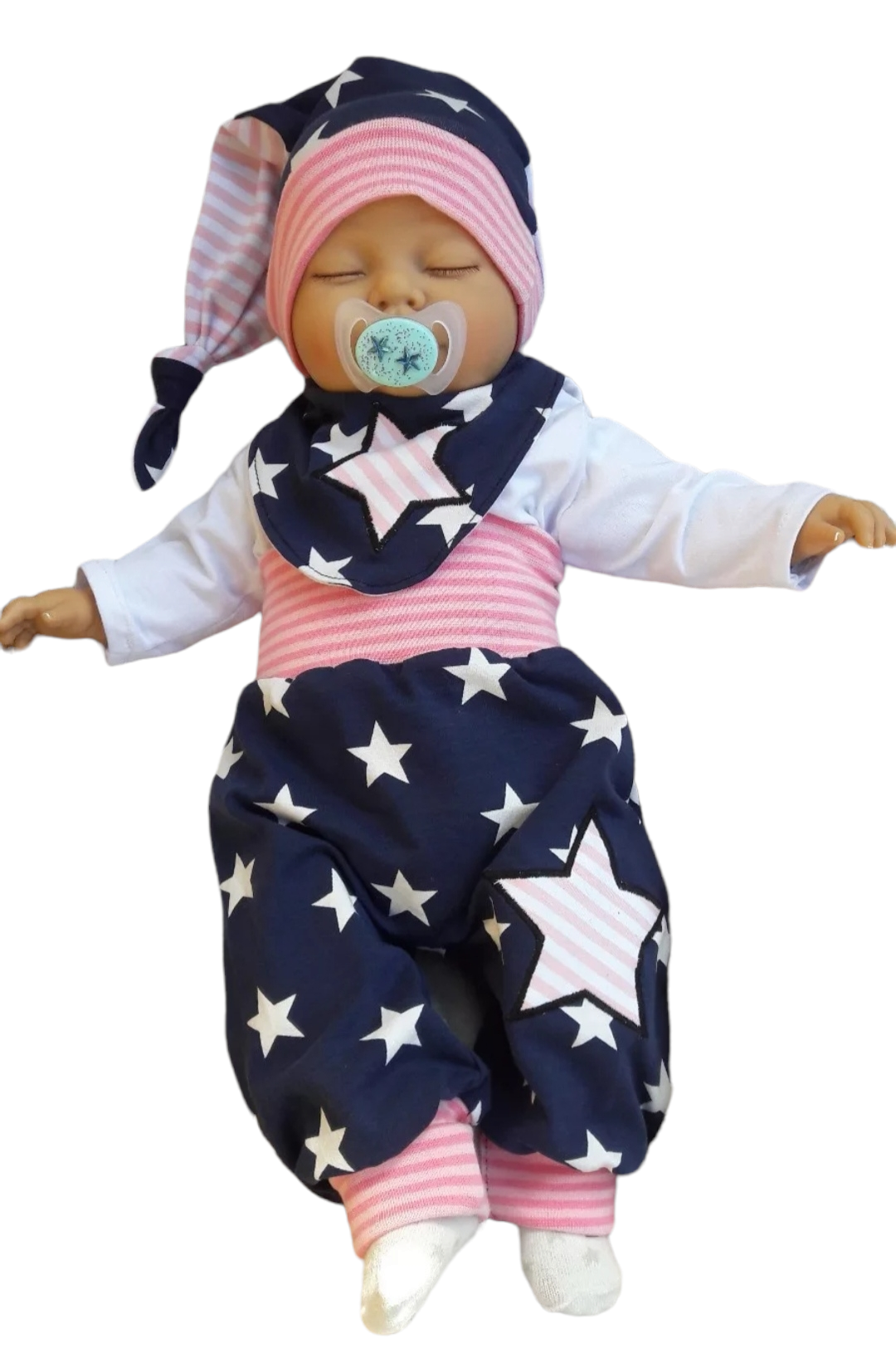 3 teiliges Set aus Hose,  Tuch und Mütze ,,Sterne Rosa," in den Gr.50/56 bis 98/104 aus Jersey 