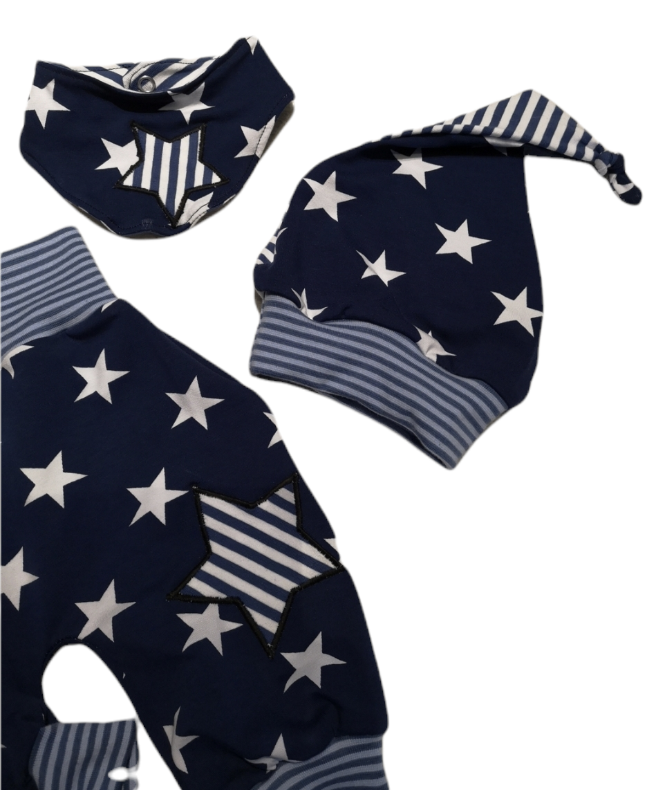 3 teiliges Set aus Hose,  Tuch und Mütze ,,Sterne Blau " in den Gr.50/56 bis 98/104 aus Jersey 