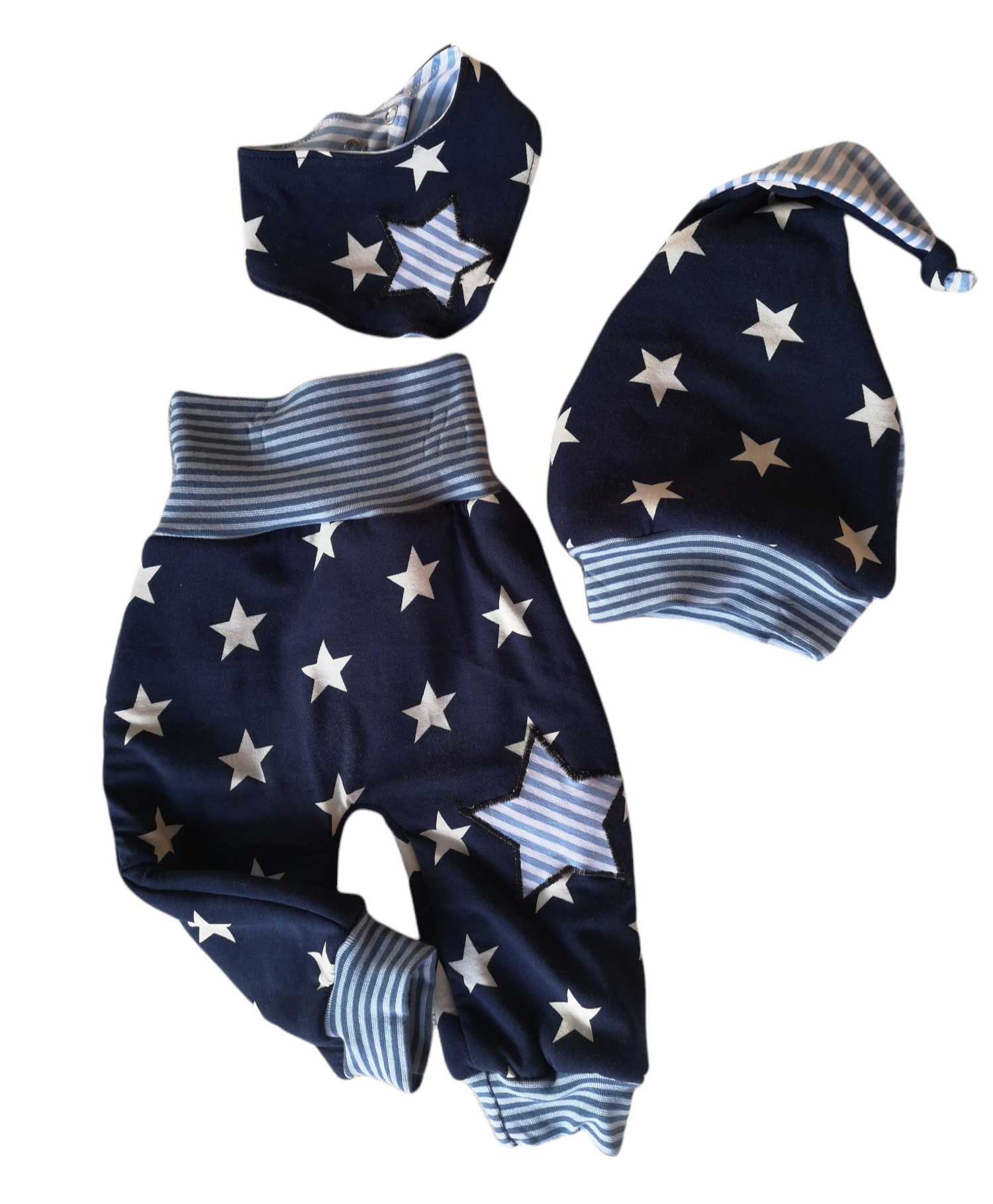 3 teiliges Set aus Hose,  Tuch und Mütze ,,Sterne Blau " in den Gr.50/56 bis 98/104 aus Jersey 