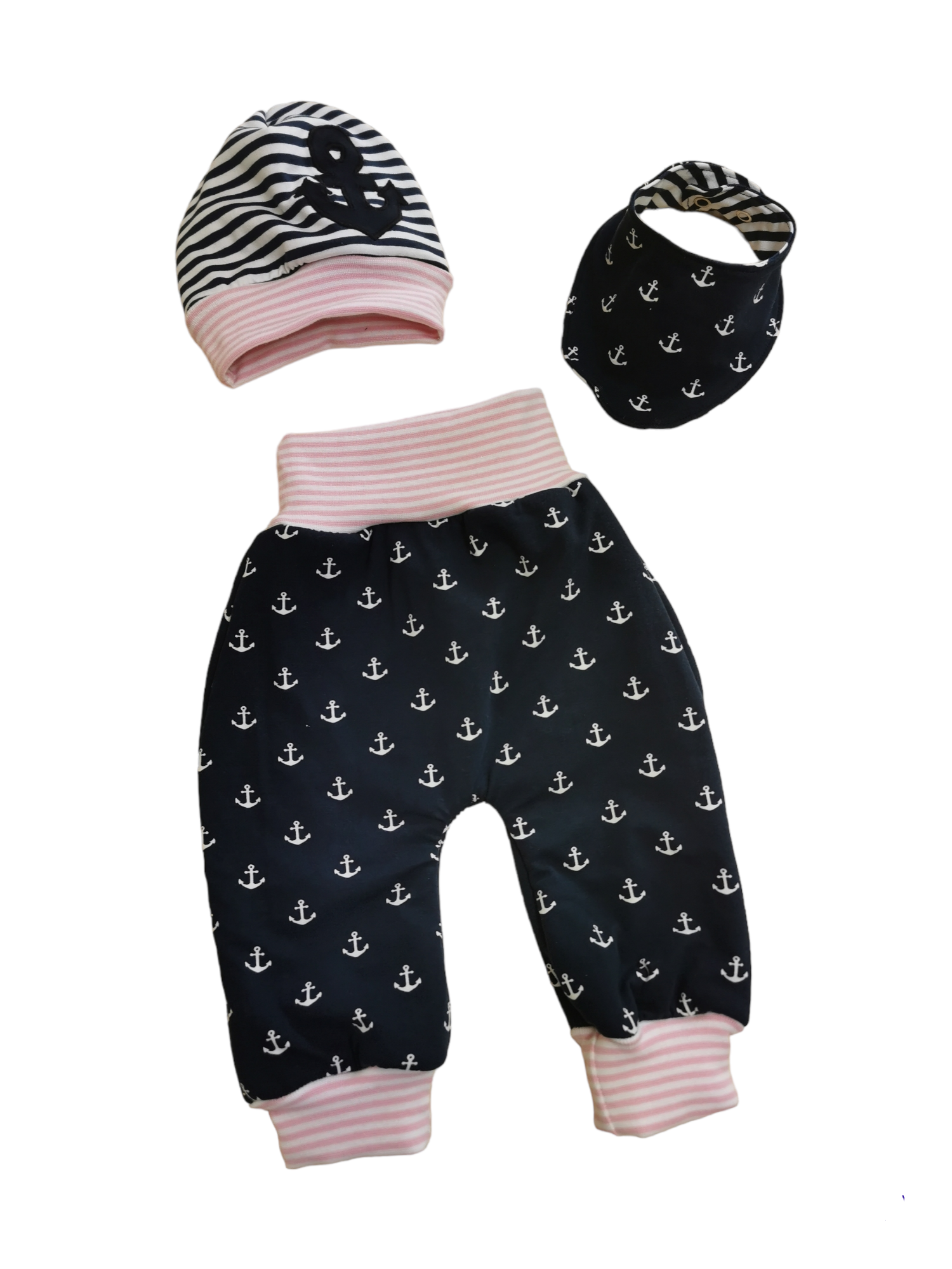 Baby-Set mit Anker-Motiv rosa in den Größen 50/56 bis 98/104 aus Jersey 