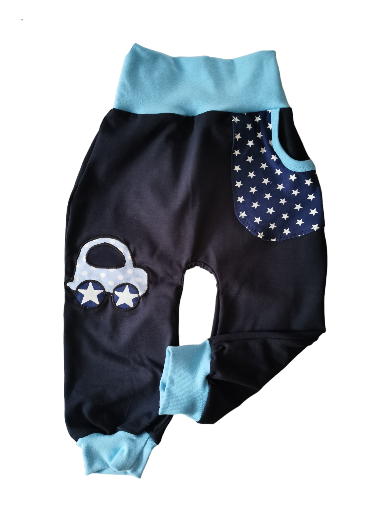 Babyhose mit Auto-Applikation in den Größen 50/56 bis 134 aus Sweat 