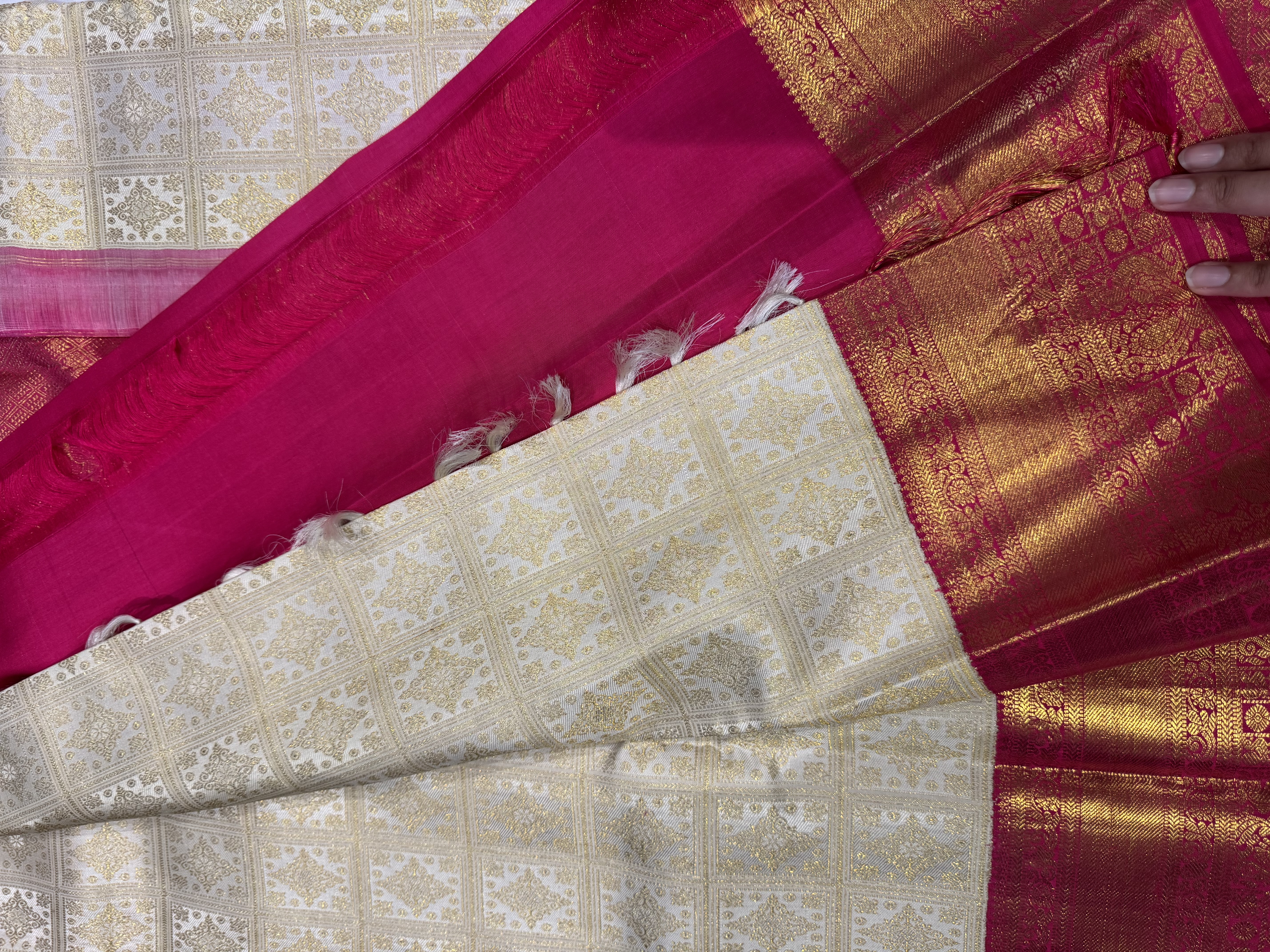 Cream and pink Pure Silk Sarees Online