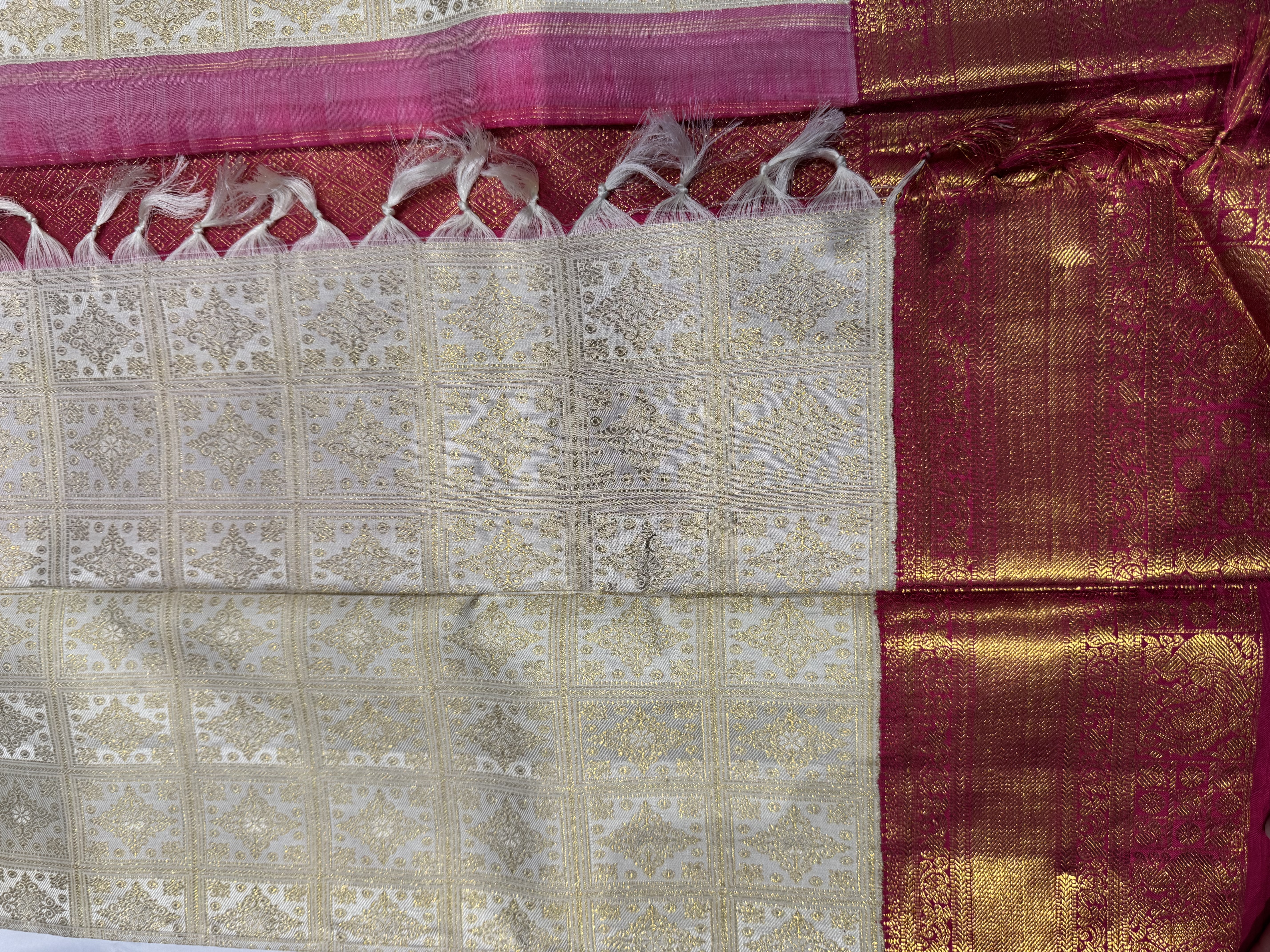 Cream and pink Pure Silk Sarees Online