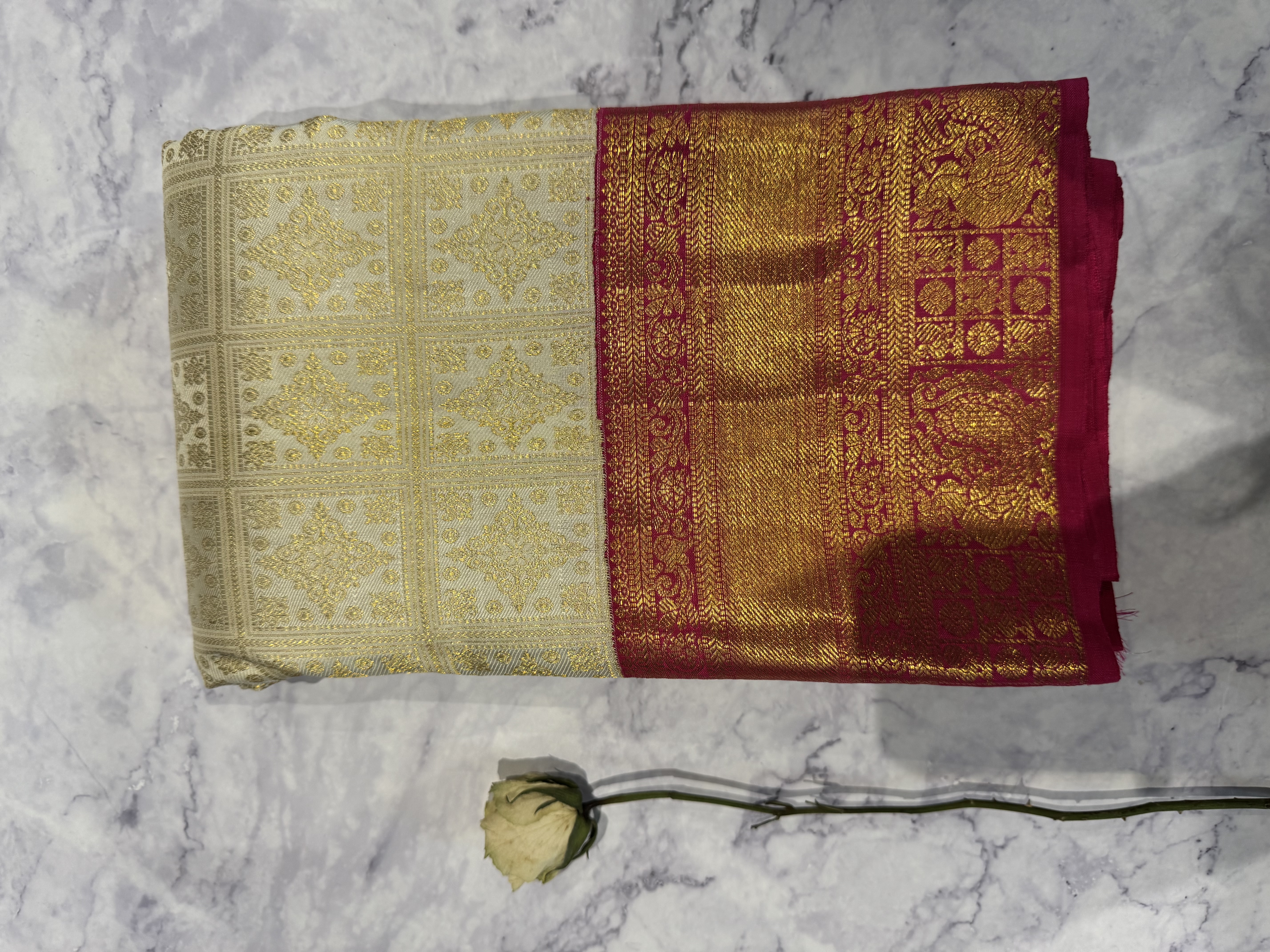 Cream and pink Pure Silk Sarees Online